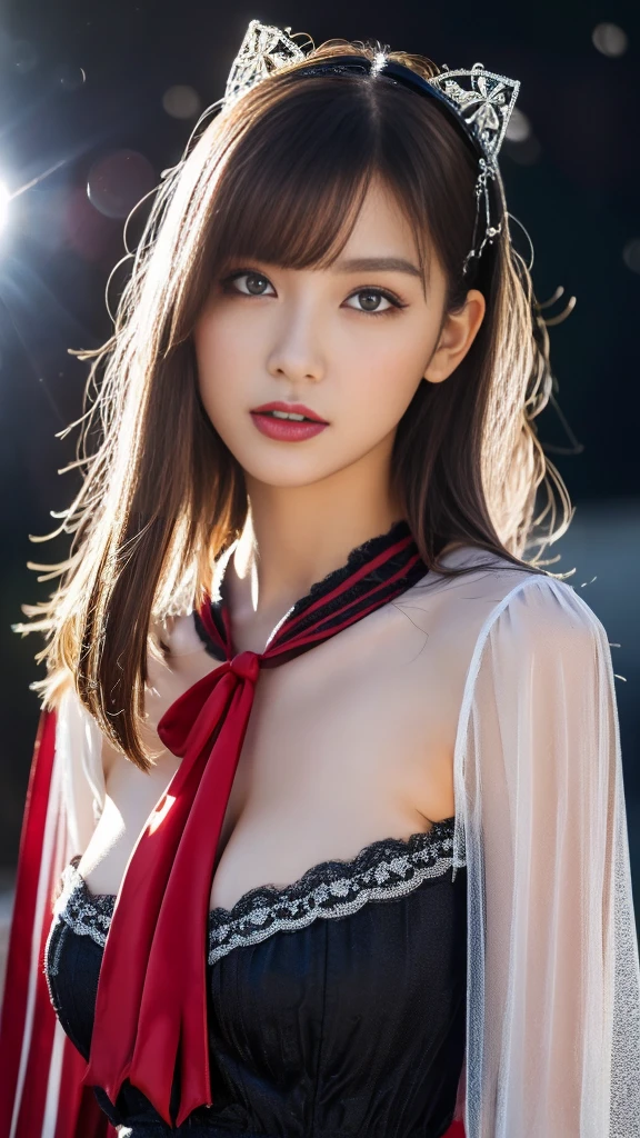 1girl in,Sleeveless Burgundy Dress,White background,Lifelike face、Longhaire、Realistic hair quality、brawn hair、detaileds、masuter piece、realistic skin textures、bangss、A slight smil、big breasts