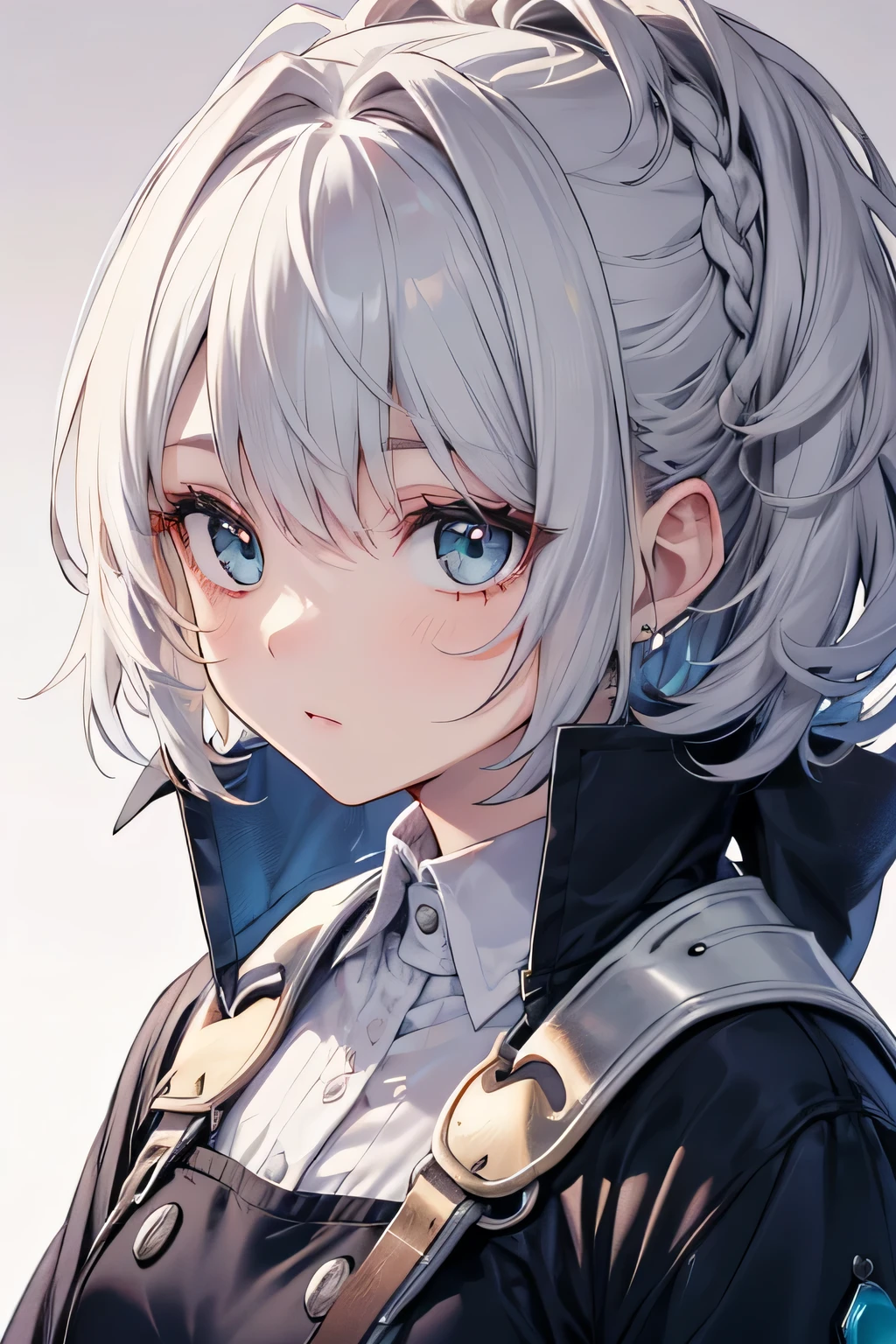   girl　Hair color is white　 The hairstyle is a short bob with fluffy waves　Eye color is dark blue