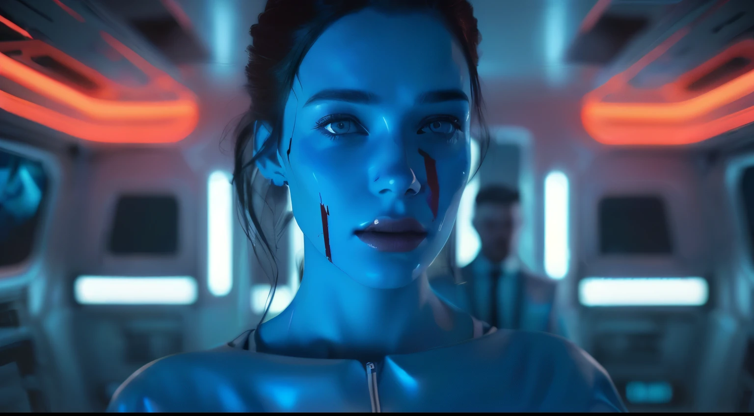 a woman with blood on her face and a man in a suit behind her, glowing blue face, artem demura beeple, alena aenami and android jones, hyper-realistic cyberpunk style, realism | beeple, cinematic blue lighting, recusion beeple, beeple. hyperrealism, hyper realistic image