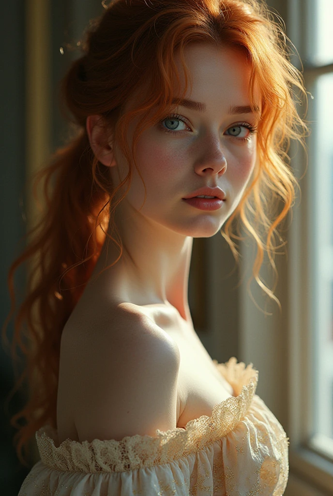 photographie portrait demi-corps d’une très belle fille réaliste, allongé sur une chaise dans une pièce avec un balcon, peau de porcelaine, peau très claire, peau très pâle, Roux, ondulé, queue de cheval, quelques taches de rousseur, des yeux noisette, yeux bridés, petit nez,  narine, pensez aux sourcils courbés, lèvre inférieure épaisse, regard séduisant, mine réjouie, visage unique, photo de détail, photo réaliste, photo de pièce maîtresse, image nette, lumière du jour claire en extérieur
