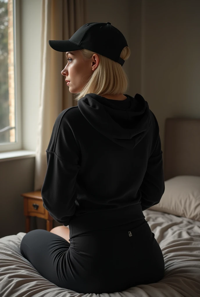 Realistic white girl, blonde hair, blue eyes, black leggings, black high top converse shoes, black hoodie, white socks, one leg kicking in the air towards the camera, bedroom. 