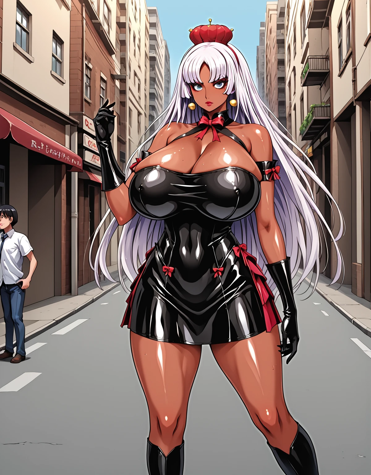 masterpiece, standing, best quality, solo,  1girl, Lilit, latex dress, gloves, gigantic breasts, massive breast,  mini ruffle skirt, stripe skirt, gloss skin, slender legs, long white hair, epic detailed,  style anime, real cartoon,perfect face, Реалистичная анатомия, Лучшее качество, Высокая детализация, street, city, 