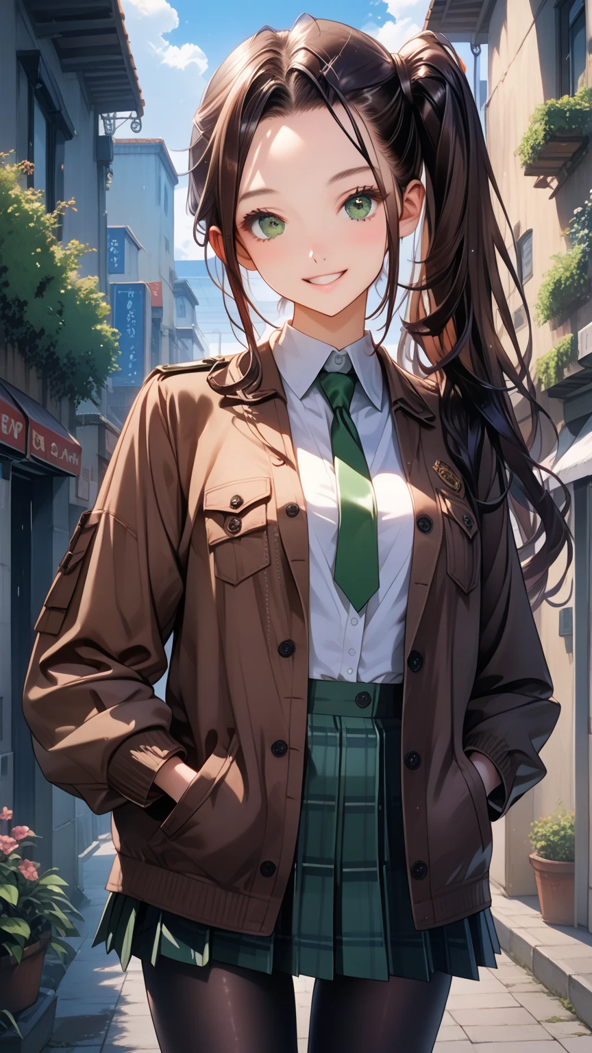 score_9, score_8_up, score_7_up, source_anime, Best Quality, Beautiful face, shiny skin,Thin Nose, high nose, slender, cowboy shot, 1woman, detailed eyes, green eyes, slightly smile, detailed semi-long hair, dark brown silky hair, forehead, sliced back hair, side ponytail, contrapposto, Captivating thighs, uniform, brown blazers, (hads in pocket, unbutton), Green tie, Plaid Pleated Skirt, black tights, rainy cyber city, at night