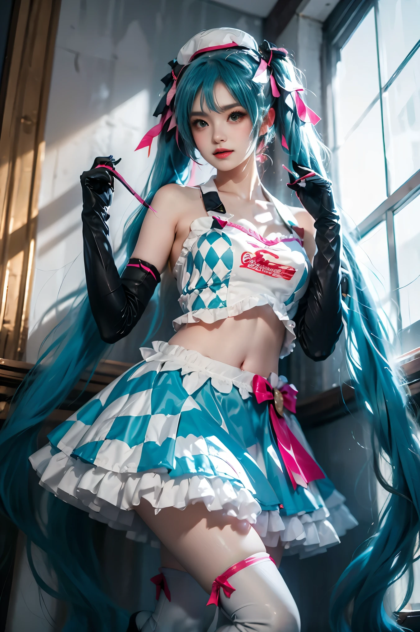 hatsune miku cosplay costume, hatsune miku, cosplay, twintails, aqua hair, long hair, alternate costume, hairclip, hair ornament, tattoo, bra, bowtie, detached collar, detached sleeves, skirt, belt, bag, thigh boots, boots, high heels (( shoulders)), ((Full )), ((Very )), ((The skirt is very short)), ((Very beautiful legs)), ((Standing)), ((cowboy shot)), actual, Fashion Girl, red lips, Mature women, Exquisite makeup, big eyes, beautiful, (best quality, masterpiece:1.2), Super detailed, (actual:1.37), ((Random Scenes, Random shooting angle)), Young and energetic, Charming model, (Exquisite eyes, delicate lips), Show a bright smile, Create stunning girl images, warm color, Extremely saturated colors, Official Art, Extremely detailed CG, Unity 8k Wallpaper, (High Dynamic Range :1.4), (Movie atmosphere),(Soft colors), (Natural skin texture, ultra-actual, Soft Light, sharp),(Very detailed), night, moonlight, ((Correct Legs)), ((Anatomically correct))