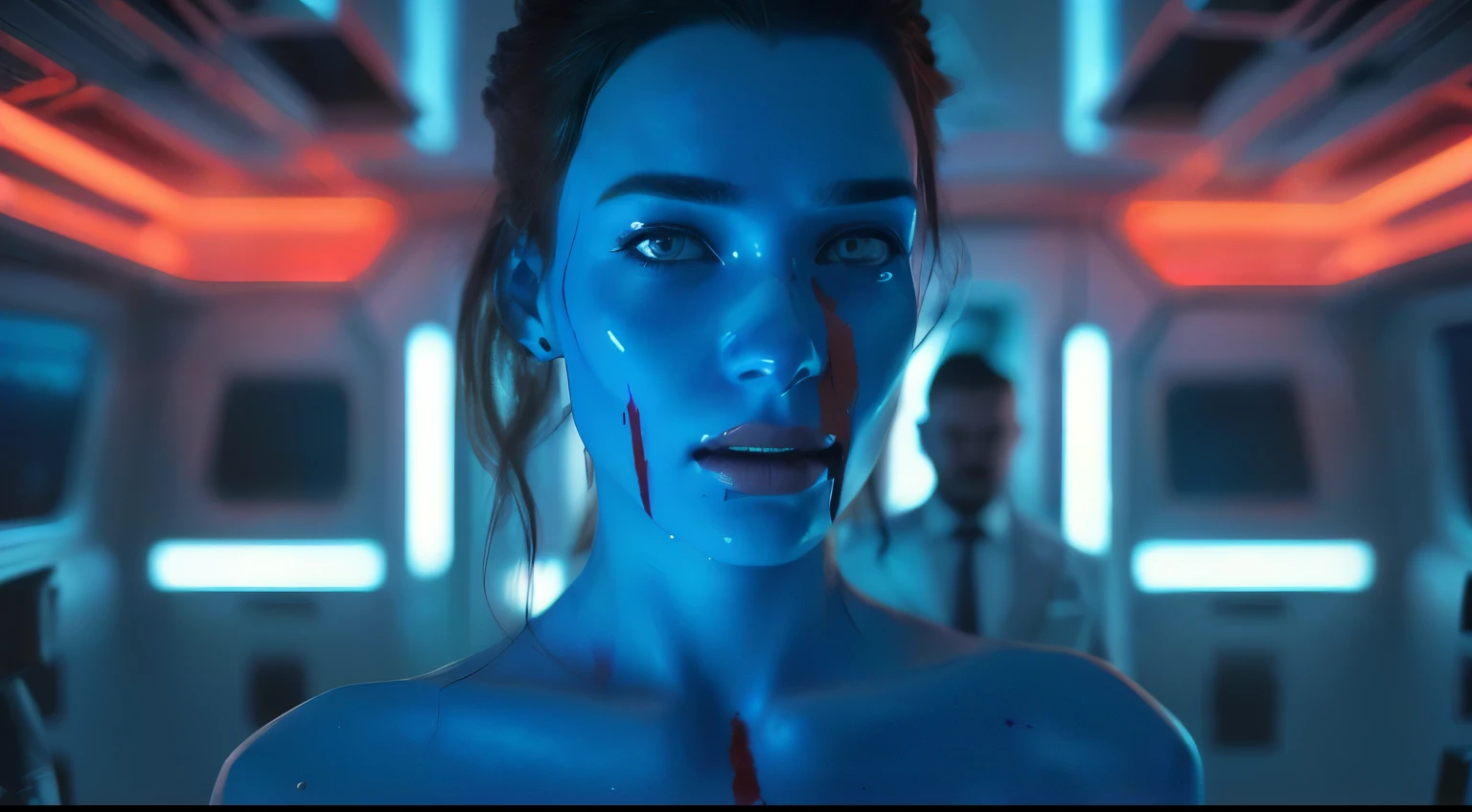 a woman with blood on her face and a man in a suit behind her, glowing blue face, artem demura beeple, alena aenami and android jones, hyper-realistic cyberpunk style, realism | beeple, cinematic blue lighting, recusion beeple, beeple. hyperrealism, hyper realistic image