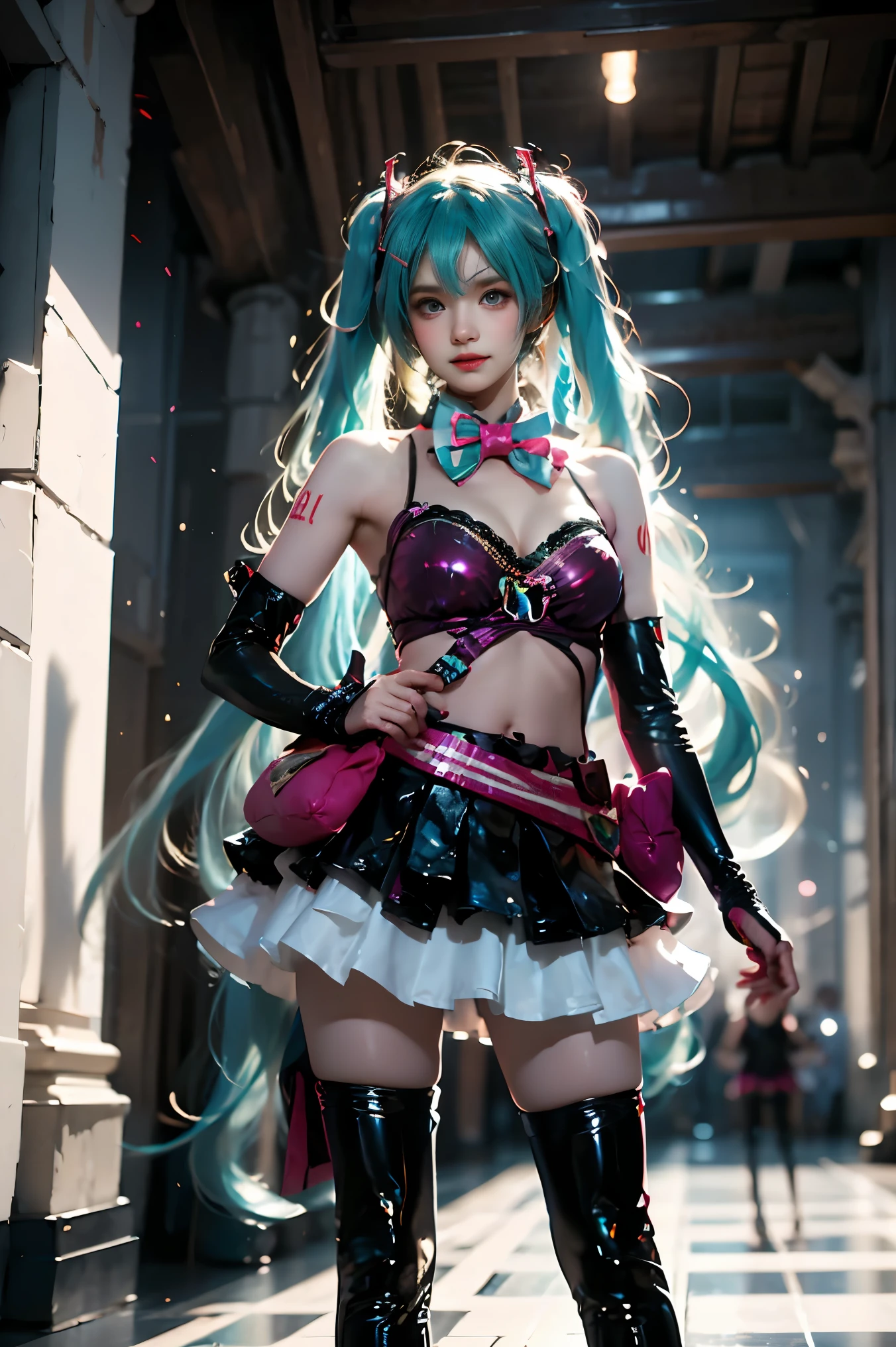 hatsune miku cosplay costume, hatsune miku, cosplay, twintails, aqua hair, long hair, alternate costume, hairclip, hair ornament, tattoo, bra, bowtie, detached collar, detached sleeves, skirt, belt, bag, thigh boots, boots, high heels, ((Bare shoulders)), ((whole body)), Practical, Fashion Girl, red lips, Mature women, cosmetic, big eyes, beautiful eyes, ((whole body)), ((from below)), (best quality, masterpiece:1.2), Super detailed, (Practical:1.37), ((Sexy long legs)), beautiful, Young and energetic, Charming model with, Large Breasts, cleveage, (Delicateeyes, Detailed lips, extremely Delicateeyes), Show a bright smile, Create stunning girl images, warm color, Extremely high color saturation, Official Art, Extremely detailed CG unified 8k wallpaper,(High Dynamic Range :1.4), (Movie),(Soft colors, Dull Color, Soothing tone :1.3), (Natural skin texture, ultra-Practical, Soft Light, sharp),(Very detailed), night, moonlight, ((In the mountains, plant, Leaning against the rocks))