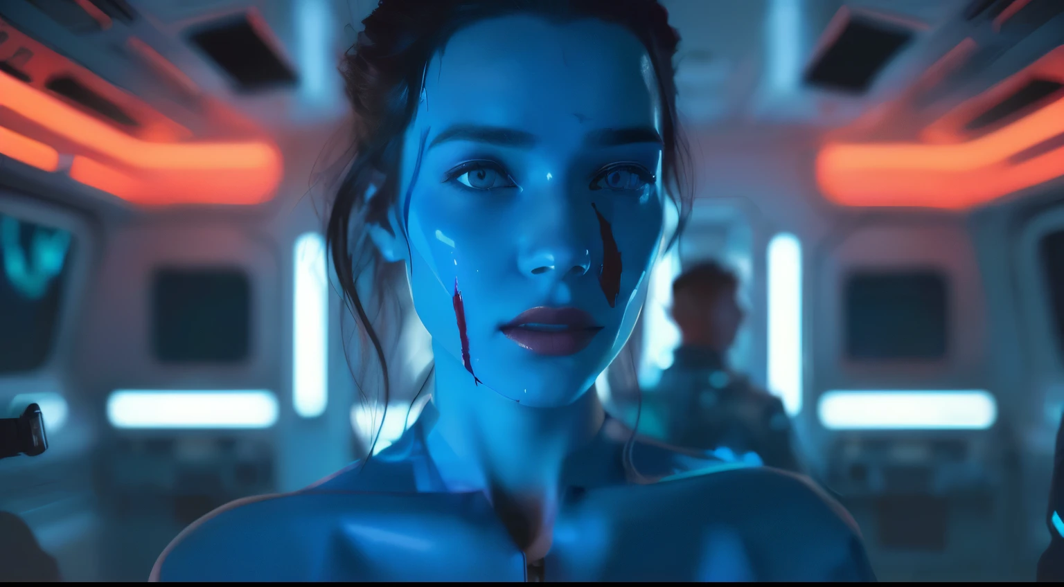 a woman with blood on her face and a man in a suit behind her, glowing blue face, artem demura beeple, alena aenami and android jones, hyper-realistic cyberpunk style, realism | beeple, cinematic blue lighting, recusion beeple, beeple. hyperrealism, hyper realistic image