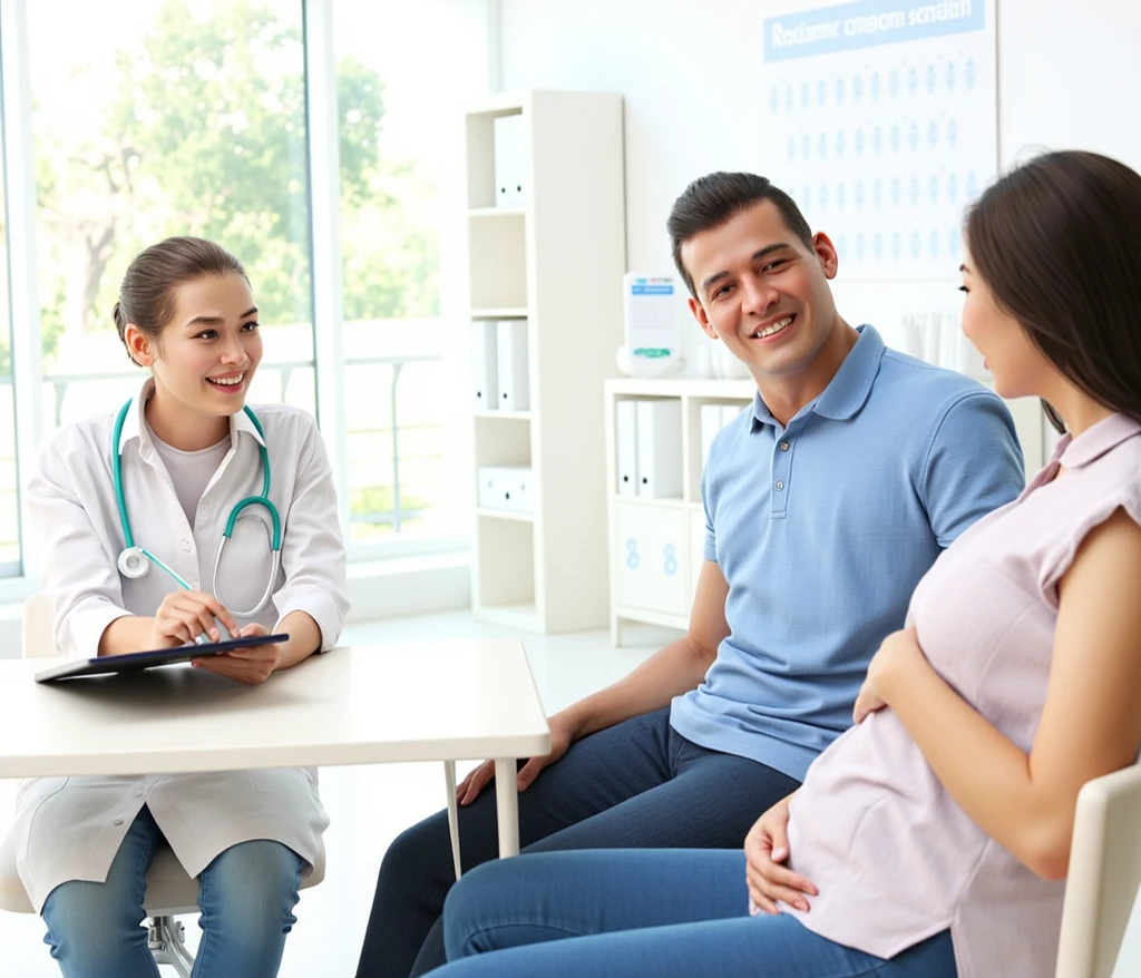 Thai husband and wife asking for advice from a nurse at the nurse's counter, white background. smiling, (best quality:1.3), photo-realistic, highly detailed, high resolution RAW photo, studio light, extreme detail, High definition, perfect shape, detailed face, detailed eyes, detailed lips, detailed nose, best quality, 4k, 8k, high resolution, masterpiece:1.2, ultra-detailed, realistic, photorealistic:1.37, HDR, UHD, super photography,