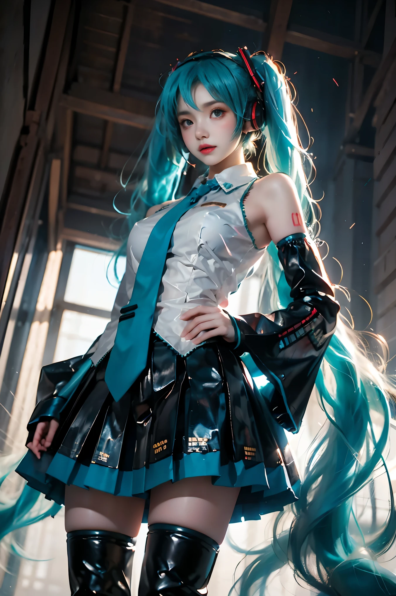 hatsune miku cosplay costume, hatsune miku, cosplay, aqua hair, twintails, very long hair, hair ornament, headphones, headset, shirt, skirt, pleated skirt, necktie, aqua necktie, detached sleeves, tattoo, thigh boots (knee shot:1.3), (from below:1.2), photorealistic beautiful woman, (Full breasts, visible cleavage), fashion model with long legs, standing in a hallway, portico corridor, single bare shoulder, slim figure, (high detailed skin:1.2), soft ambient lighting, depth of field, 85mm portrait photography, natural shadows, fashion photography style, elegant pose, professional modeling shot, high resolution, masterpiece, best quality