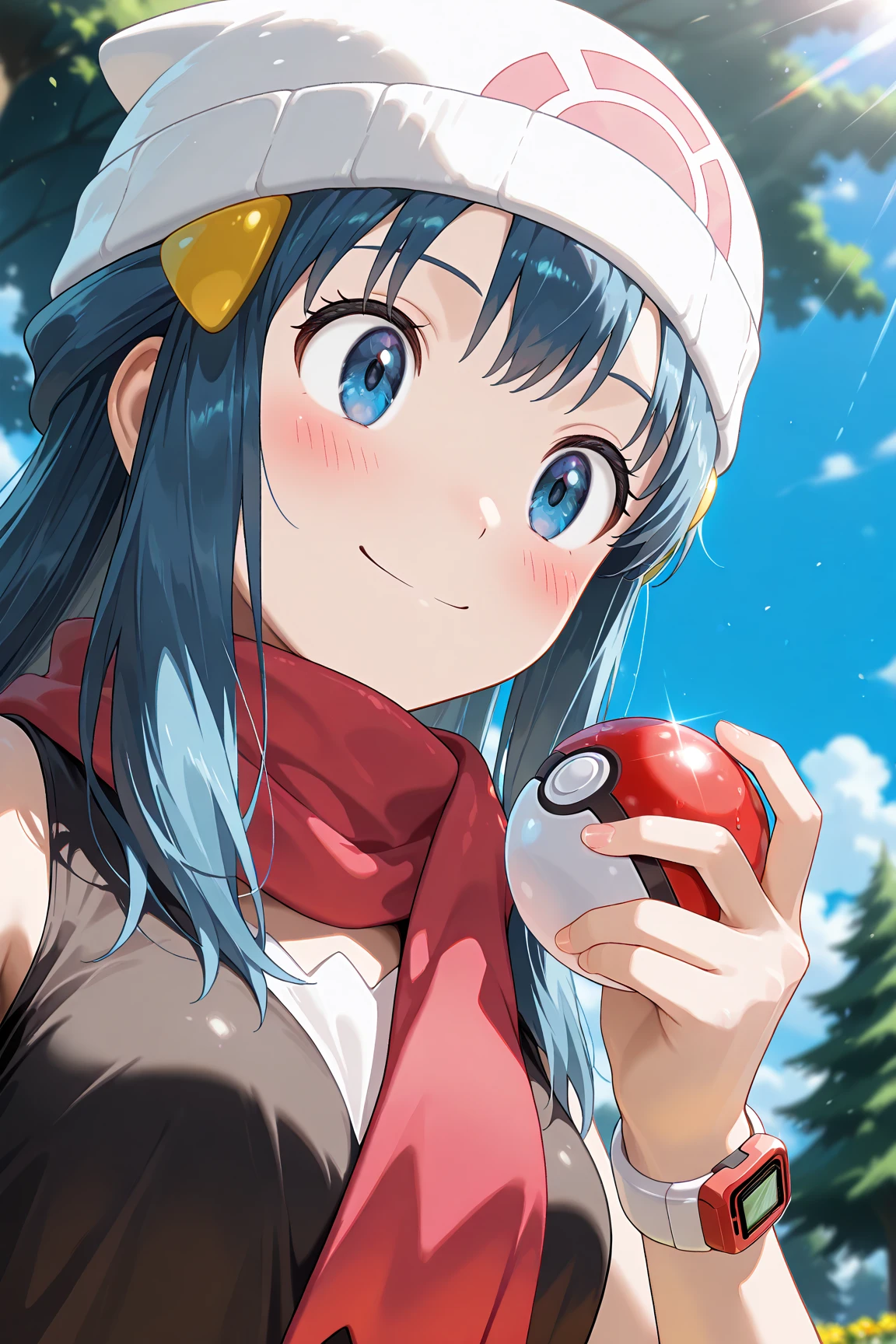 score_9, score_8_up, score_7_up, score_6_up, score_5_up, score_4_up, source_anime, aadawn, long hair, blue hair, beanie, white headwear, hair ornament, blue eyes, breasts, red scarf, sleeveless shirt, black shirt, wristwatch, bracelet, pink skirt, standing, outdoors, filed, flower, tree, holding poke ball, smile,

(realistic skin0.8),
Shiny, skin,

(blush:1.4), smile,
cinematic, dramatic, (blurry background:1.4), depth of field, 
1girl, solo, joyful, smile, dynamic pose, dynamic angle, from below, 
outdoors, nature,
(portrait:1.7),
(focus on face:1.2),
(closed-up shot:1.5),
sunny,
blue sky,
cloud,
sunlight,
wind,