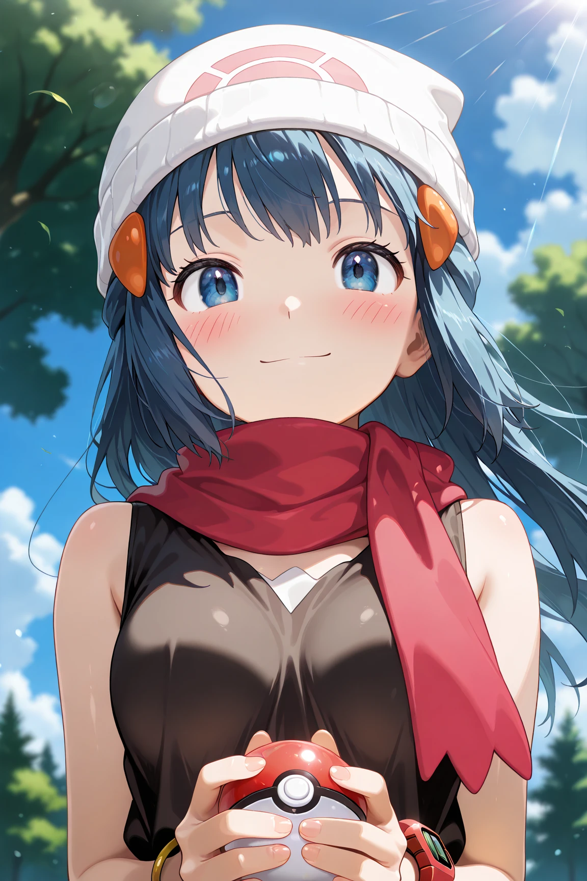 score_9, score_8_up, score_7_up, score_6_up, score_5_up, score_4_up, source_anime, aadawn, long hair, blue hair, beanie, white headwear, hair ornament, blue eyes, breasts, red scarf, sleeveless shirt, black shirt, wristwatch, bracelet, pink skirt, standing, outdoors, filed, flower, tree, holding poke ball, smile,

(realistic skin0.8),
Shiny, skin,

(blush:1.4), smile,
cinematic, dramatic, (blurry background:1.4), depth of field, 
1girl, solo, joyful, smile, dynamic pose, dynamic angle, from below, 
outdoors, nature,
(portrait:1.7),
(focus on face:1.2),
(closed-up shot:1.5),
sunny,
blue sky,
cloud,
sunlight,
wind,