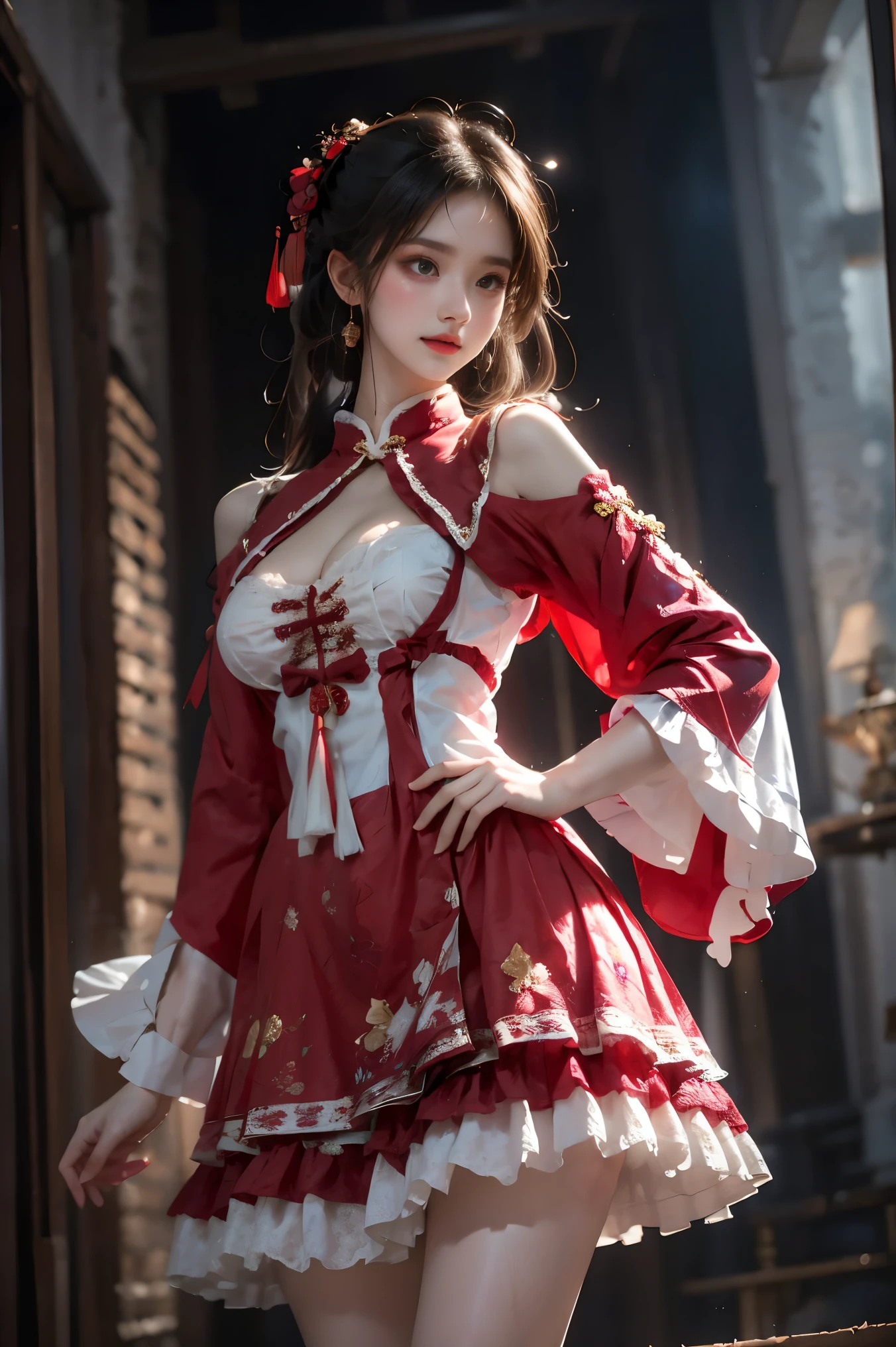 cyb dress, chinese clothes, long sleeves, capelet, frills, frilled dress, wide sleeves (knee shot:1.3), (from below:1.2), photorealistic beautiful woman, (Full breasts, visible cleavage), fashion model with long legs, standing in a hallway, portico corridor, single bare shoulder, slim figure, (high detailed skin:1.2), soft ambient lighting, depth of field, 85mm portrait photography, natural shadows, fashion photography style, elegant pose, professional modeling shot, high resolution, masterpiece, best quality