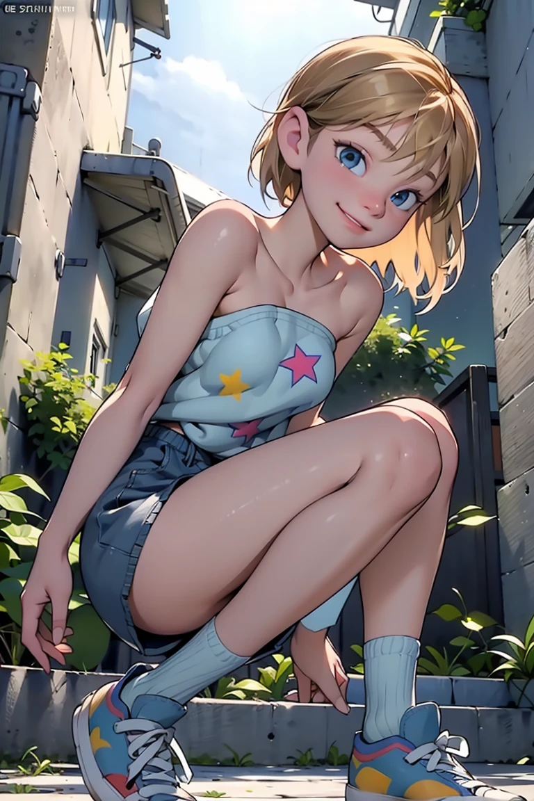 masterpiece, hyper realistic, realistic skin, best quality, 1girl, city pop, poolside, looking at another, topless, full body, vector illustration, nipples, light smile, blunt bangs, long hair, stomach, navel, bare shoulders, blonde, ponytail, wet, soaked, people on background, manila, raining, denim shorts, child, petite, tropical, sneakers, laughing, hands up, jumping, tongue out, long tongue, leaning forward, collarbones