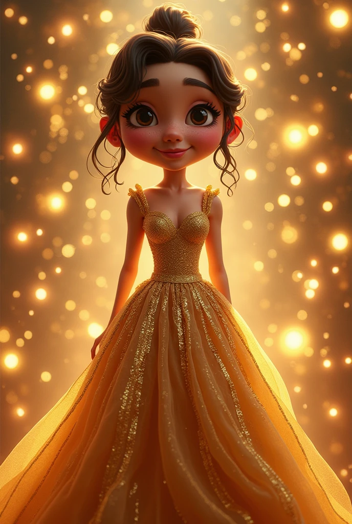 Pixar style, photo of a stunning beautiful Brazilian woman supermodel character, honey eyes, long messy windy light brown hair, flipping hair, closeup zoomed in tight crop portrait, walking down a (runaway at a fashion show scene people:1.2) wearing a (fluttering floral evening gown dress:1.3) (expensive clutch bag on her hand:1.3) (Lighting-Gold:1.2) foreground objects background details (masterpiece:1.2) (photorealistic:1.2) (bokeh:1.2) (best quality) (color grading) (detailed skin:1.3) (intricate) (8k) (HDR) (cinematic lighting:1.3) (sharp focus), messy windy hair, cute big circular reflective eyes, Pixar render, unreal engine cinematic smooth, intricate detail