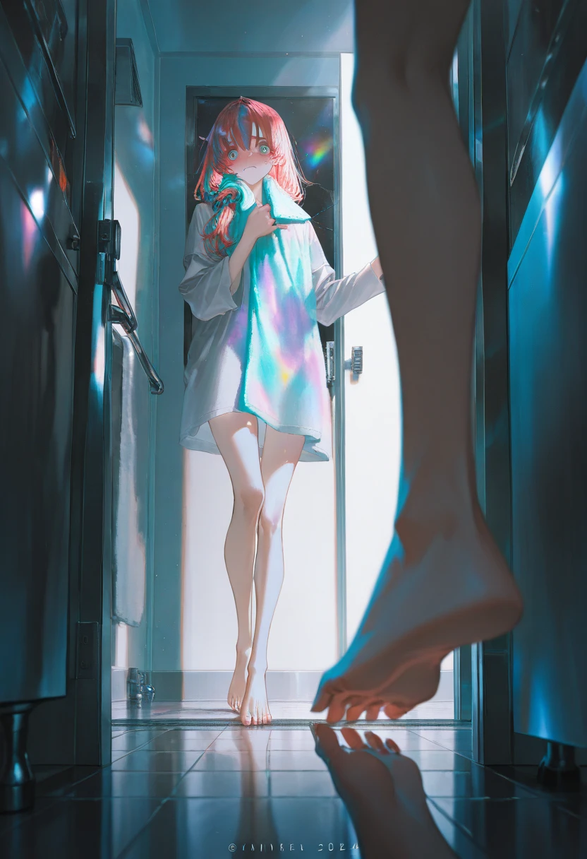 depth of field,light particles,lens flare,(artist:quasarcake:0.8),extreme aesthetic,(wlop:0.6),wanke,rella,wanke,masterpiece,best quality,good quality,newest,year 2024,year 2023,very aesthetic,absurdres,Visual impact,Electromotive force,perspective composition,A shot with tension,ultra-high resolution,32K UHD,sharp focus,best quality,masterpiece,Emotionalization masterpiece,unconventional supreme,masterful details,with a high end texture,in the style of fashion photography,(Visual impact:1.2),giving the poster a dynamic and visually striking appearance,impactful picture,offcial art,colorful,splash of color,movie perspective,masterpiece,best quality,amazing quality,very aesthetic,absurdres,best quality,newest,masterpiece,best quality,good quality, 1 girl, Sumi_sakurasawa , naken, towel, embarrassed expression, blushed face , sweat, open legs, barefoot, feet focus, hiding intimacy , Interiors, bathroom