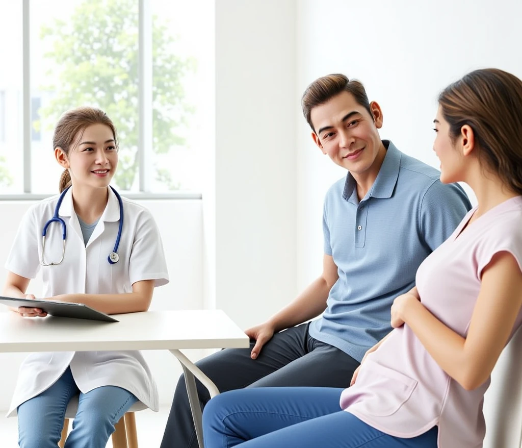 Thai husband and wife asking for advice from a nurse at the nurse's counter, white background. smiling, (best quality:1.3), photo-realistic, highly detailed, high resolution RAW photo, studio light, extreme detail, High definition, perfect shape, detailed face, detailed eyes, detailed lips, detailed nose, best quality, 4k, 8k, high resolution, masterpiece:1.2, ultra-detailed, realistic, photorealistic:1.37, HDR, UHD, super photography,