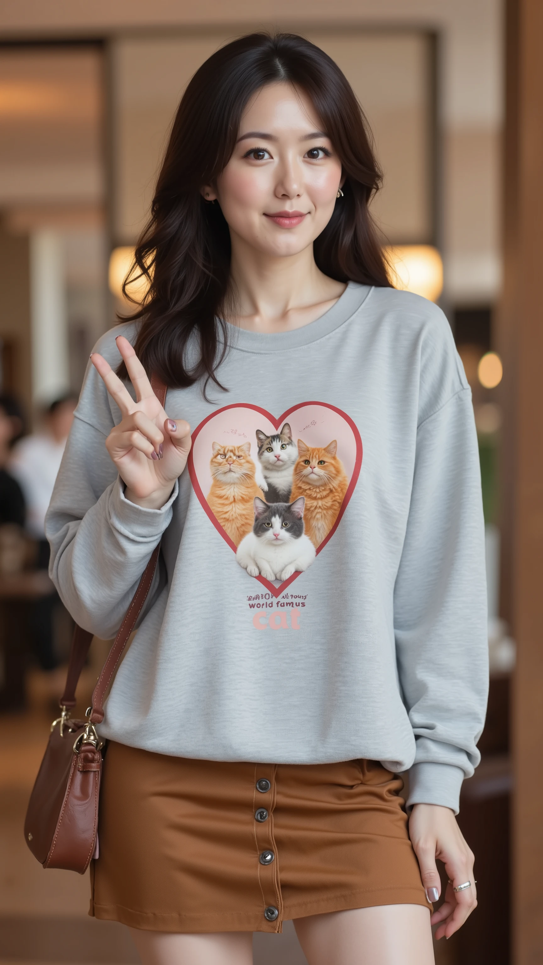 UHD, 16k, Masterpiece, top quality, Surrealism, Korean middle-aged woman, (( fair and clean skin)), ((  It has a light gray sweatshirt, a heart shape on the shirt, three cartoon cats in the heart with a graphic design, and the words "World famous cat" on it. A brown skirt, a brown handbag, )) ((seductive pose)) 