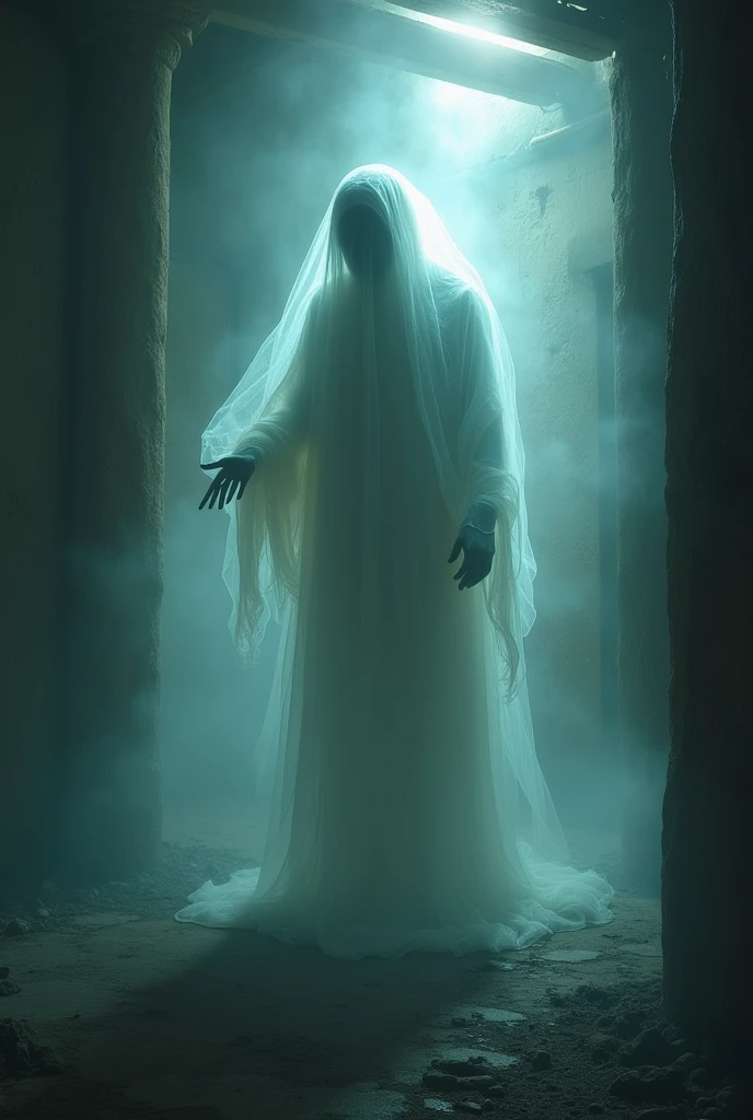 horror artwork, awe, best qualityer, work of art, ultra high resolution, (photorrealistic:1.4), Action shot of terrifying ghost chasing after the viewer, dynamic racing, in a decrepit underground tunnel in Hell, nasty, white gown, enervante, disturbing, terrifying, 80mm, Horror lighting, dynamic action Dark and night cemetery