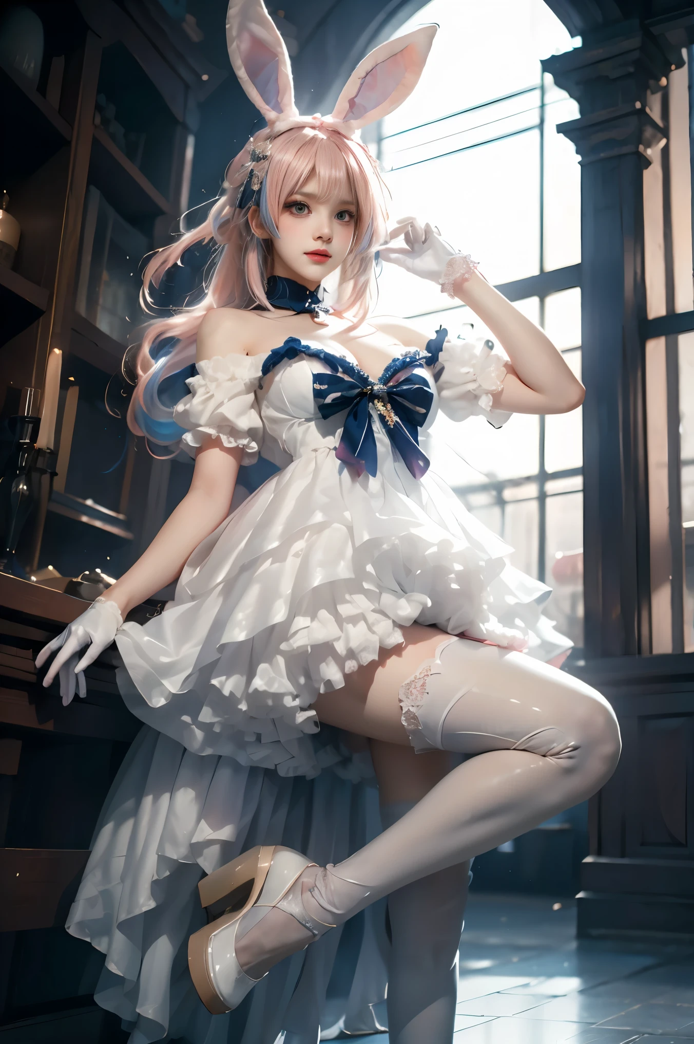 (holding balloons), (((full body))), real photo,  girl, Brat female , (((drawers))), ((looking back at me)), twin tails, big ribbon,  silver boots,