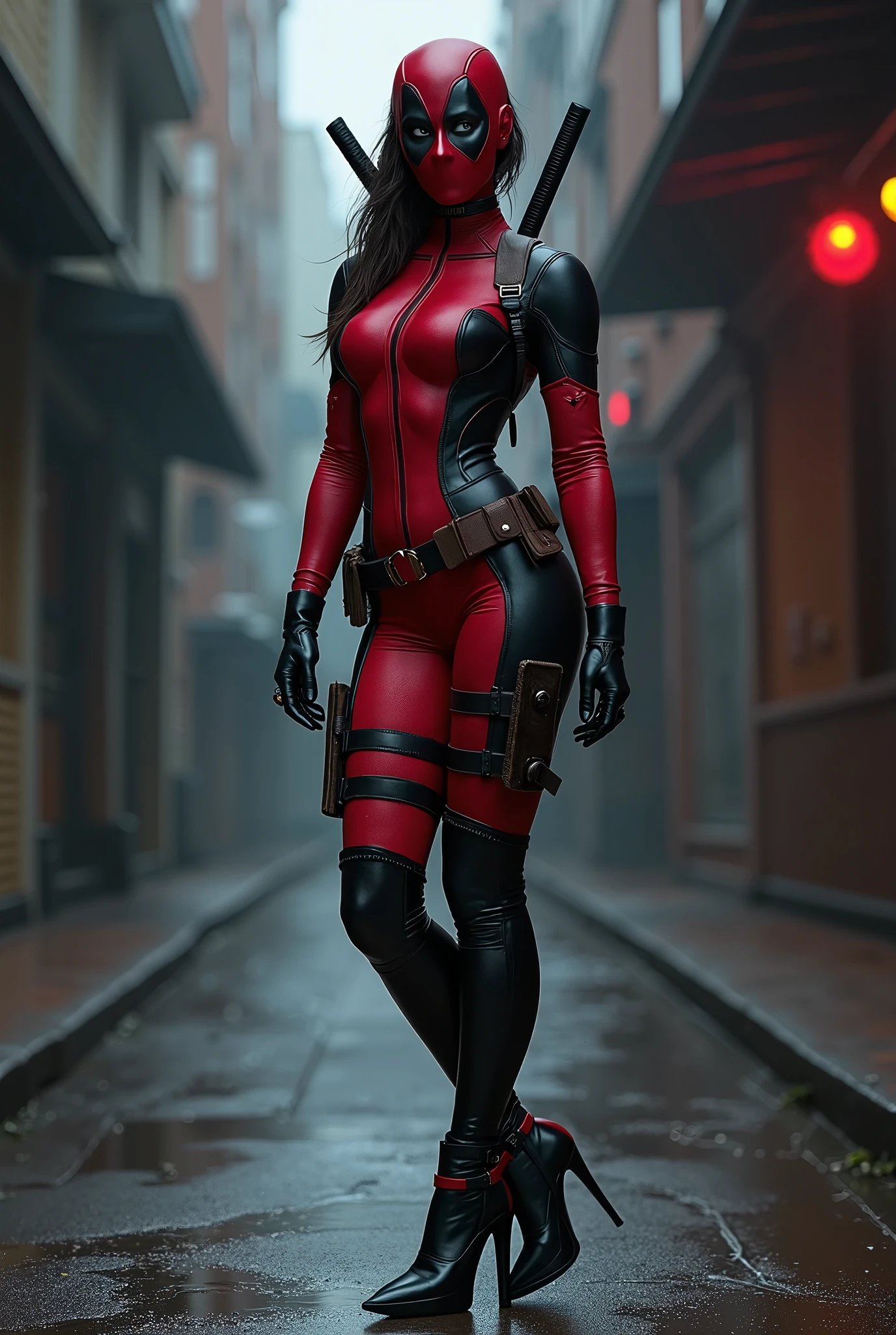 lady deadpool, anime style. cat walking