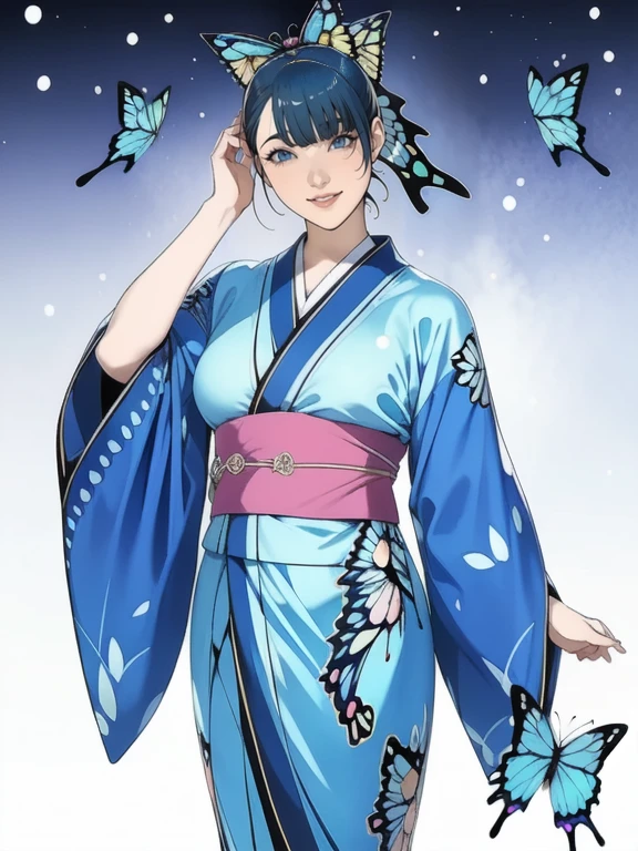    beautiful Japanese women wear kimonos on New Year's Day   . ( blue swallowtail butterfly pattern on kimono : 1.3), (  dynamic pose  ), (  is standing), (smile), ( Background winter landscape   : 1.3),   To Celebrate the New Year   .    express the elegance of clothing and the serenity of vacation、 The background is light colored  .