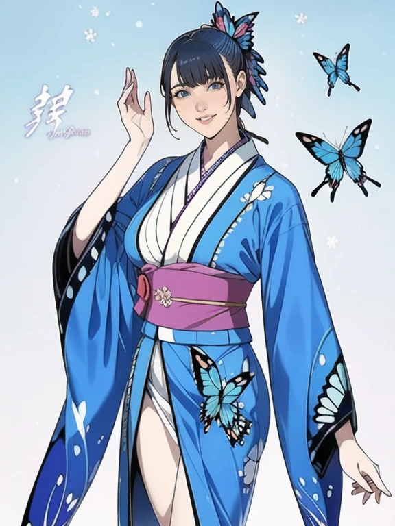    beautiful Japanese women wear kimonos on New Year's Day   . ( blue swallowtail butterfly pattern on kimono : 1.3), (  dynamic pose  ), (  is standing), (smile), ( Background winter landscape   : 1.3),   To Celebrate the New Year   .    express the elegance of clothing and the serenity of vacation、 The background is light colored  .