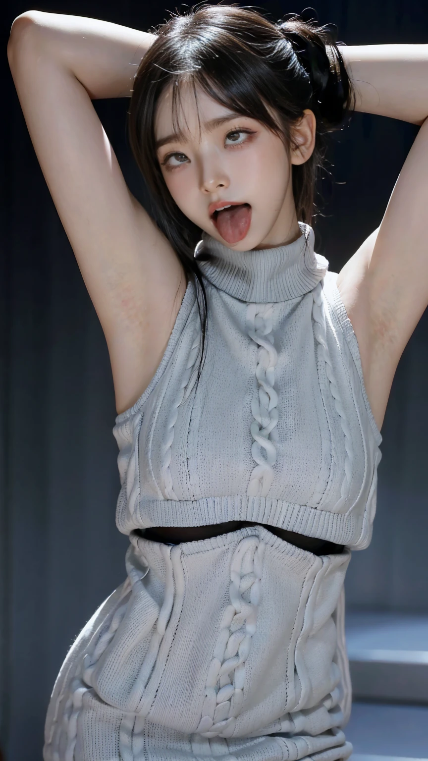 (  face close-up,  ahehe,  ahehe,  stick out your tongue、 sticking out your tongue ),  raise your arms to show your sides , 両 raise your arms to show your sides , Showing off armpits、Showing off your armpits、 sweater dress、sleeveless、 simple gray background  ,  realistic, Front
