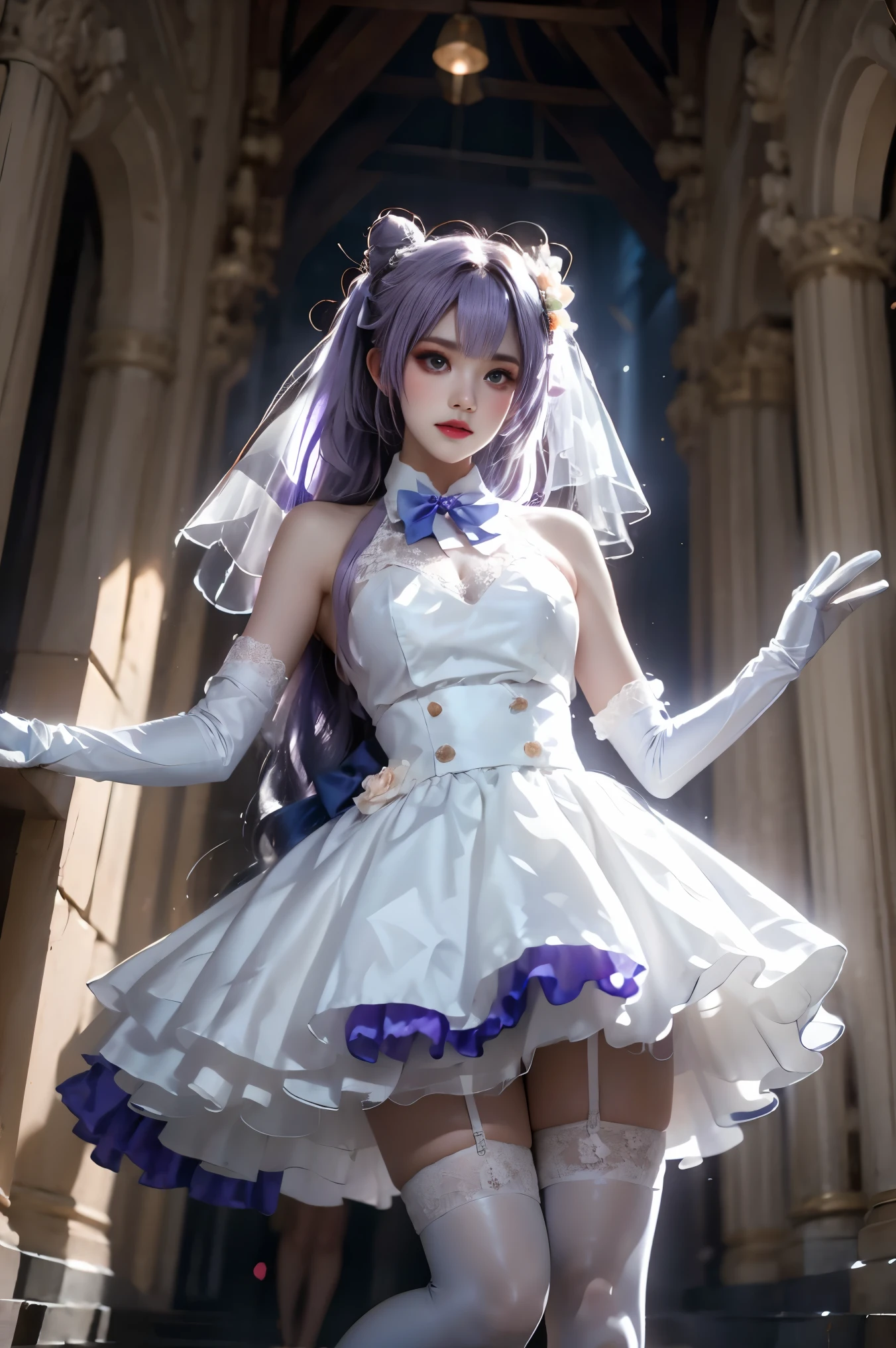 keqing cosplay costume, keqing, cosplay, alternate costume, purple hair, twintails, long hair, hair bun, cone hair bun, dress, white dress, wedding dress, sleeveless dress, frills, lace trim, gloves, white gloves, elbow gloves, bow, bowtie, flower, veil, bridal veil, bride, hair ornament, hair flower, hair ribbon, hair bow, thighhighs, lace-trimmed legwear, frilled thighhighs, white thighhighs, high heels (knee shot:1.3), (from below:1.2), photorealistic beautiful woman, (Full breasts, visible cleavage), fashion model with long legs, standing in a hallway, portico corridor, single bare shoulder, slim figure, (high detailed skin:1.2), soft ambient lighting, depth of field, 85mm portrait photography, natural shadows, fashion photography style, elegant pose, professional modeling shot, high resolution, masterpiece, best quality