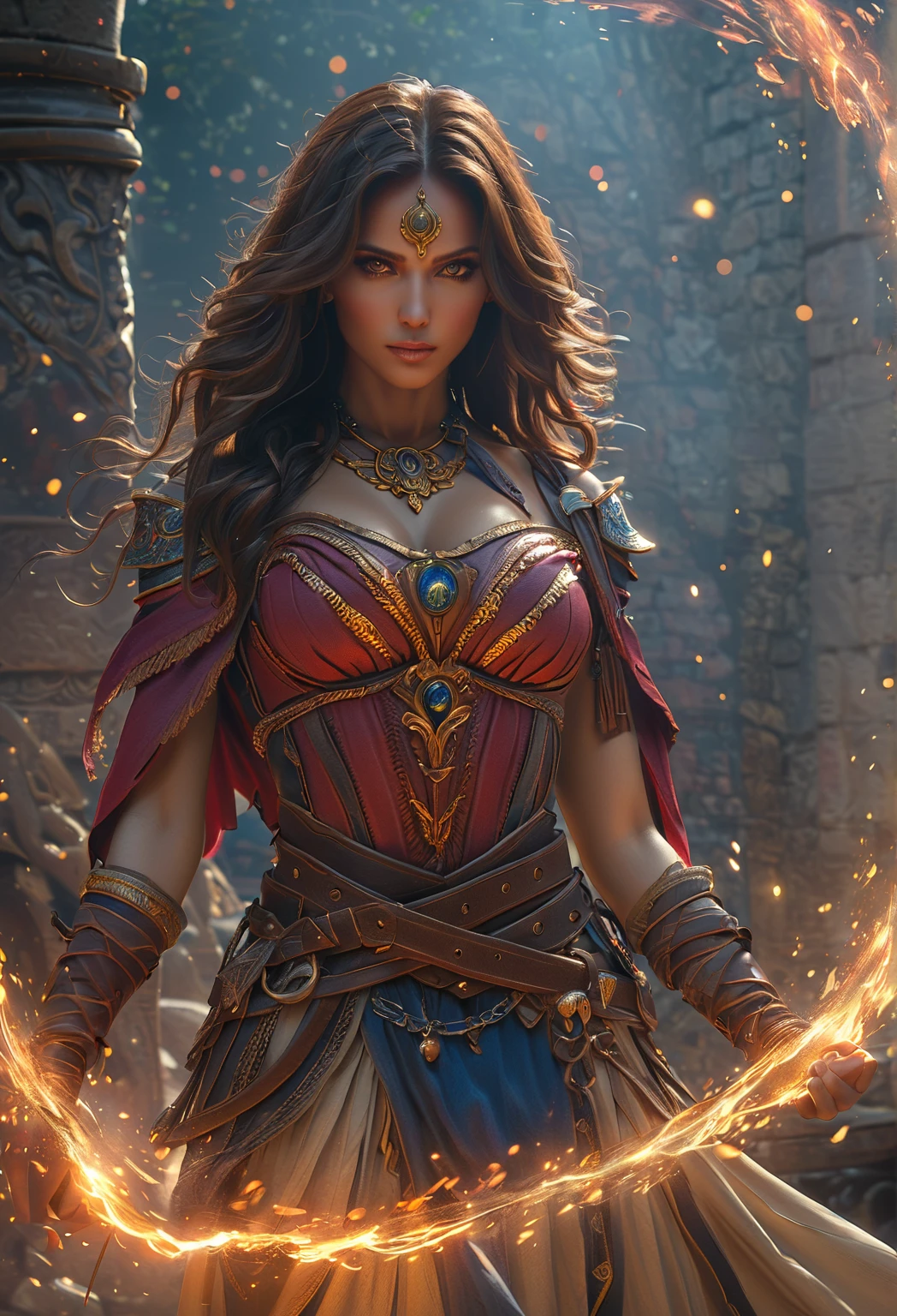 modelshoot style, waist up, award winning digital art of a beautiful sorceress conjuring fire, fully clothed, in a burning and destroyed fantasy village, detailed eyes, magical, d&d, masterpiece, best quality, high contrast, soft lighting, backlighting, bloom, light sparkles, chromatic aberration, smooth, sharp focus