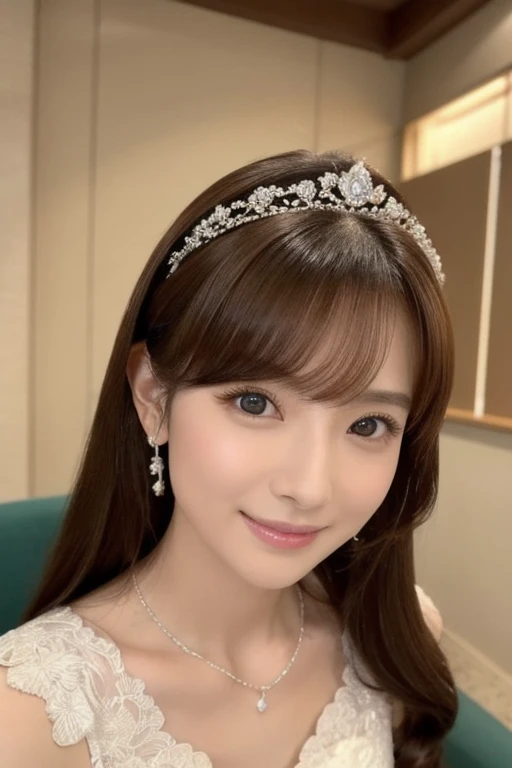 best quality, masterpiece, ultra high res, (photorealistic:1.4), RAW photo,cinematic lighting,(a japanese girl:1.5),solo,20 years old,big breasts,(detailed beautiful face:1.5),(real skin:1.5),(slender,thin legs:1.3),(big eyes:1.3),(smiling:1.3),(brown wavy hair:1.5),(Princess,gorgeous dress,tiara:1.5),(in garden,arch roses:1.8),(millions of rose flowers:1.5),(gate decorated with roses:1.8),(circle of roses:1.5),