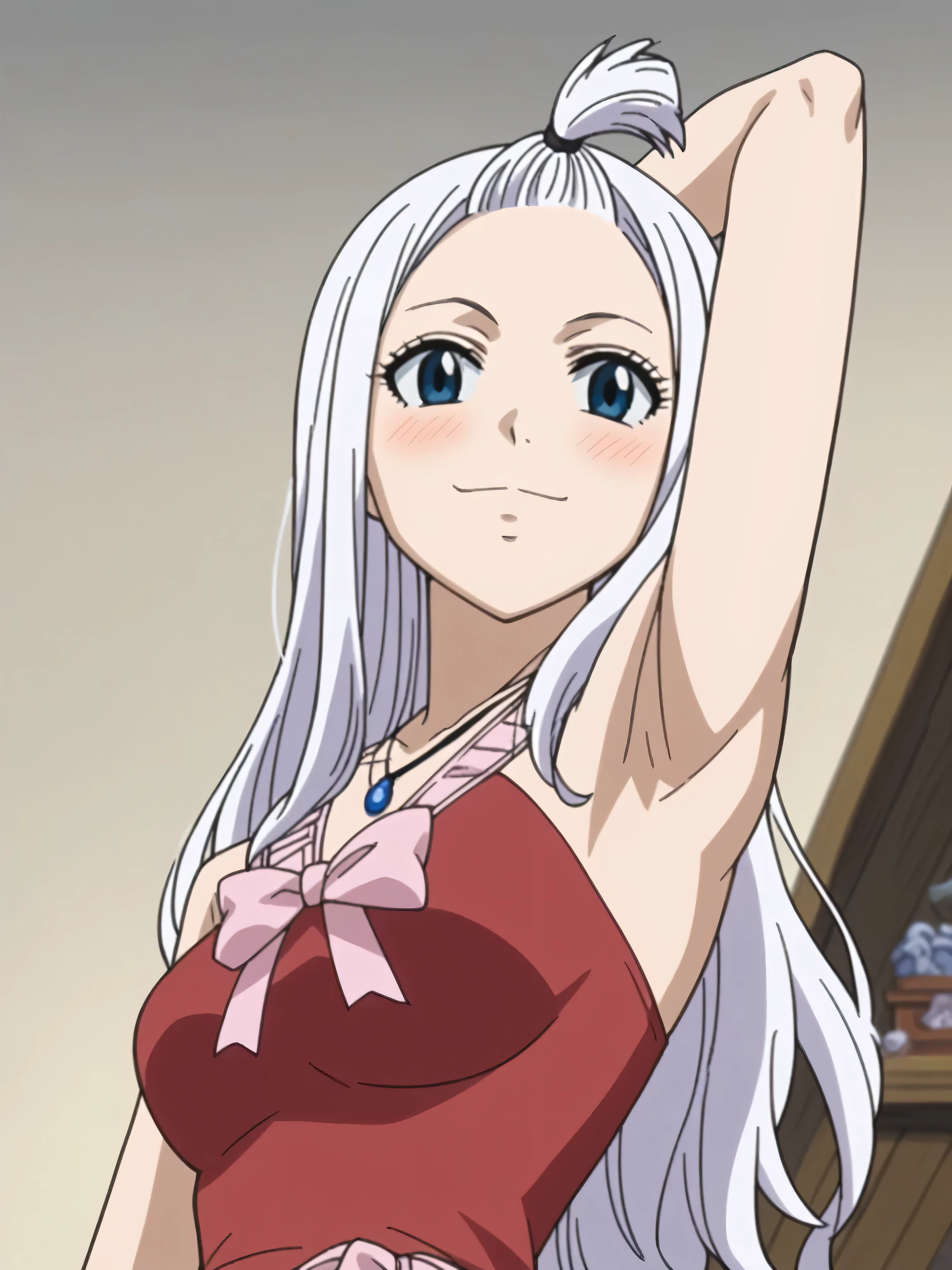 score_9, score_8_up, score_7_up, source_anime, anime screencap, 1girl, solo, mirajane strauss, long hair, blue eyes, white hair, forehead, dress, bare shoulders, jewelry, necklace, red dress, ribbon, pink ribbon, arm behind head, armpit, looking at viewer, head towards viewer, badhandv4, from side, from below, smile, pinning down viewer, indoors, guild hall, blush, closed mouth 