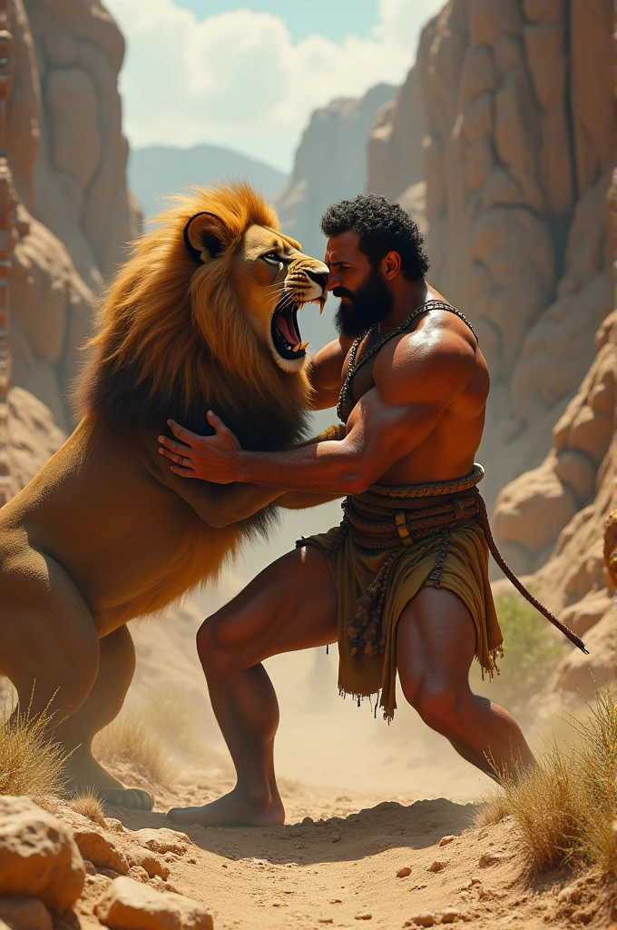 /imagem de prompt (alta resolução, renderizado, melhor qualidade) Samson fighting a lion
