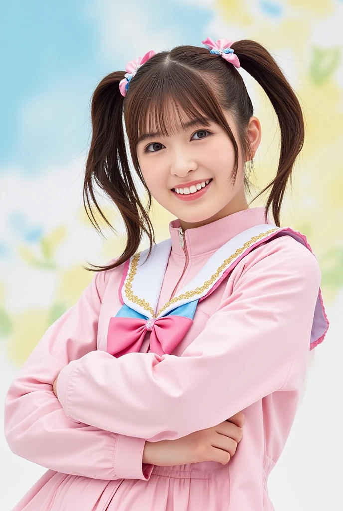  One Girl ,  high definition,  top quality,  twin tails、Lower twin tails、 idol costume、double piece、smile、Full body images、