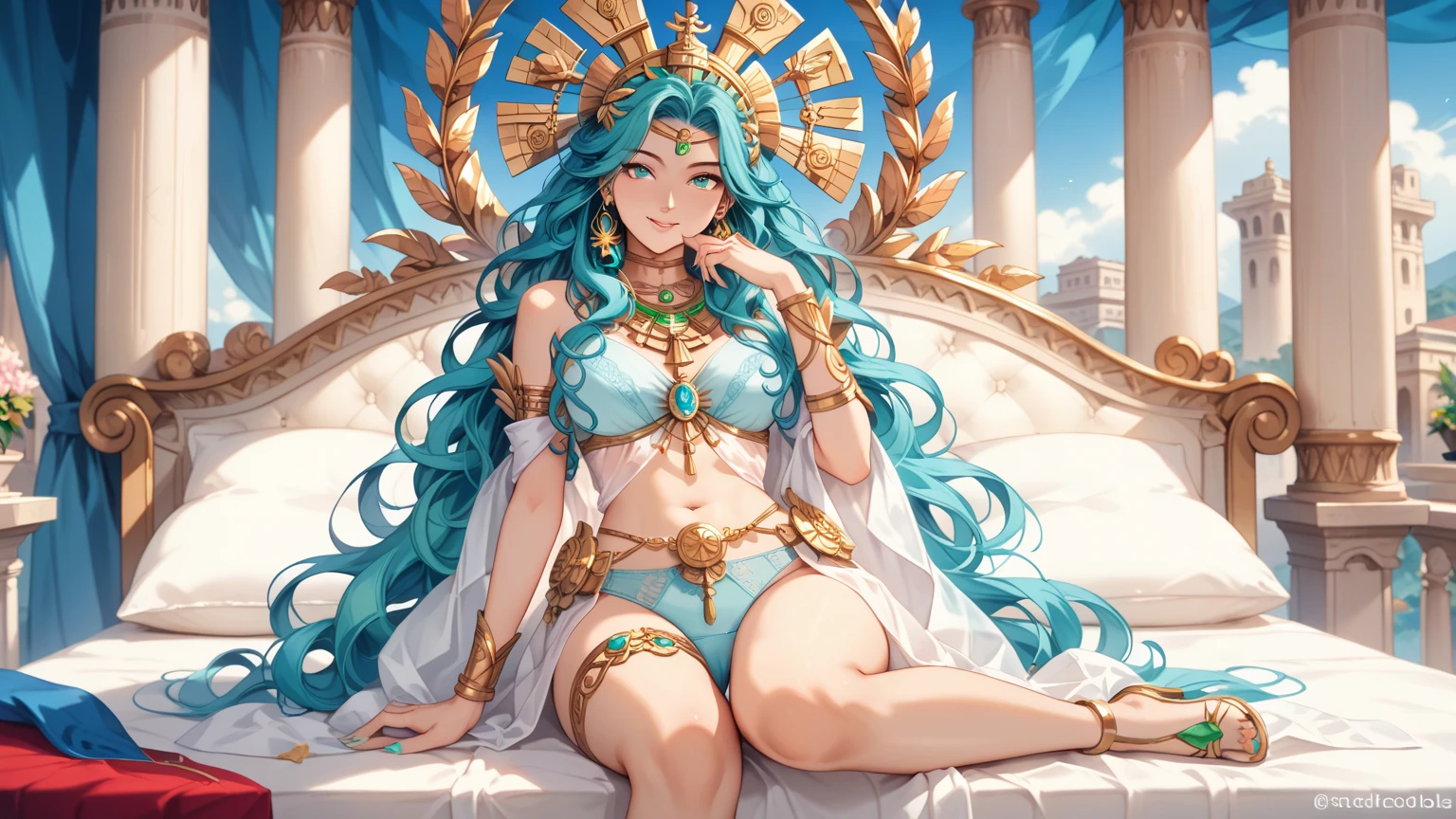 rating_safe, score_9, score_8_up, score_7_up, source_anime, masterpiece, best quality, solo, 1girl, wondering face, firm breasts(she is wearing pastel blue green gold design, greek Poseidon Goddess, Ancient Goddess, pastel blue panties) ( she is sitting on the bed, look straight , front view) ,see but and hip best quality, high definition, anatomically correct, Very detailed, Ultra High Definition, textured skin, Sharp details,