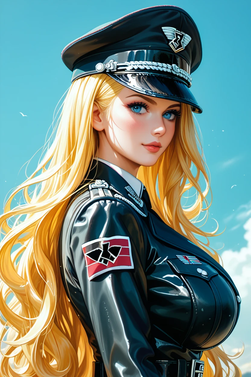 Female, (light blue eyes), ((black nazi military uniform)), (black leather), (officer cap), (intricate hairstyle), (very long yellow hair), (huge breasts), sexy, beautiful, (sideface), gentleness, Cinematic, (shaded), (Detailed eyes):1.2, seductive