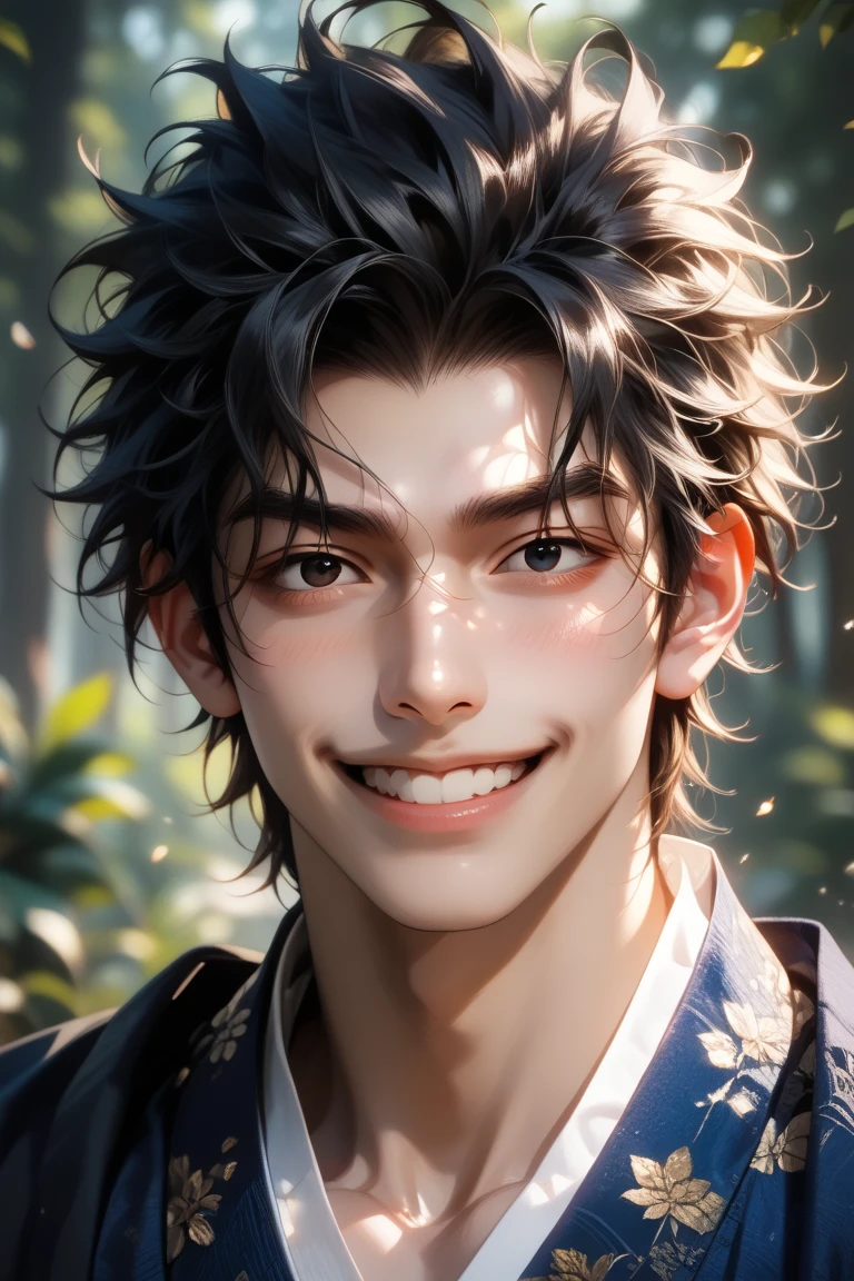 adult male, solo, broad shoulders, short hair, jet-black hair, messy hair, jet-black eyes, (half closed eyes:0.8), detailed eyes, detailed face, handsome face, masculine face, (Ashitaka, Ghibri), (blue japanese vulgar clothes), (light smile, blushed, full body shot), (forest), good anatomy, best quality