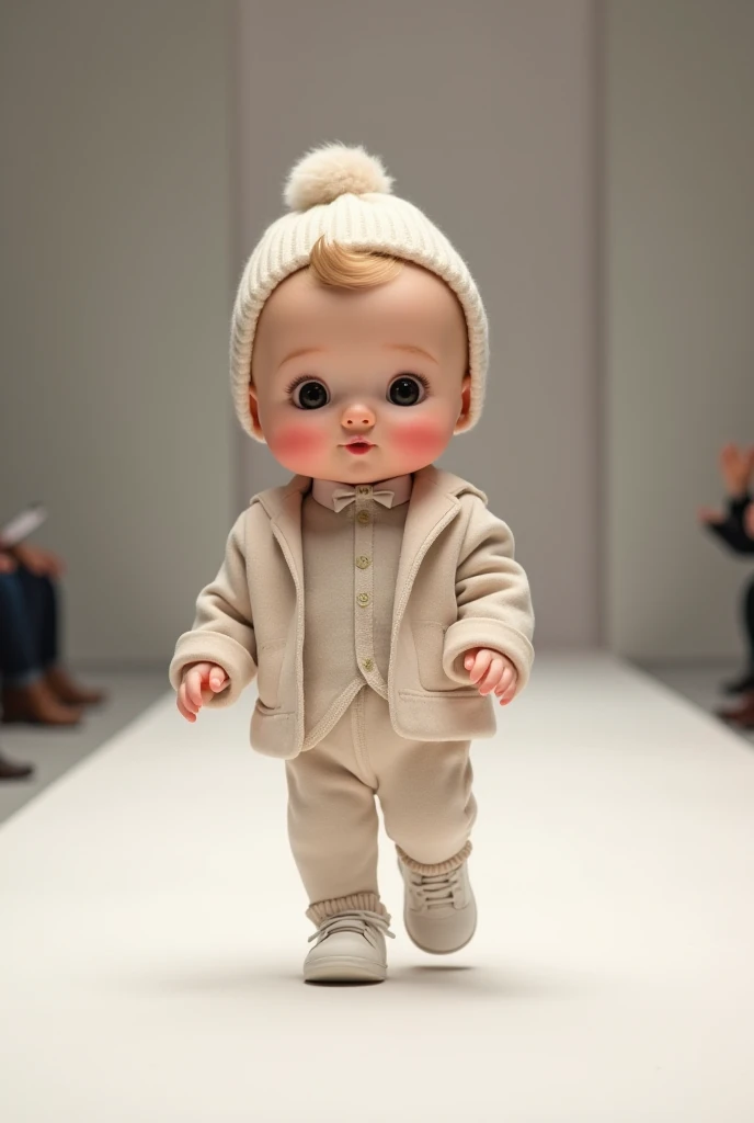 Newborn baby with very large head wearing a Cartier watch costume and hat in a realistic full body fashion show