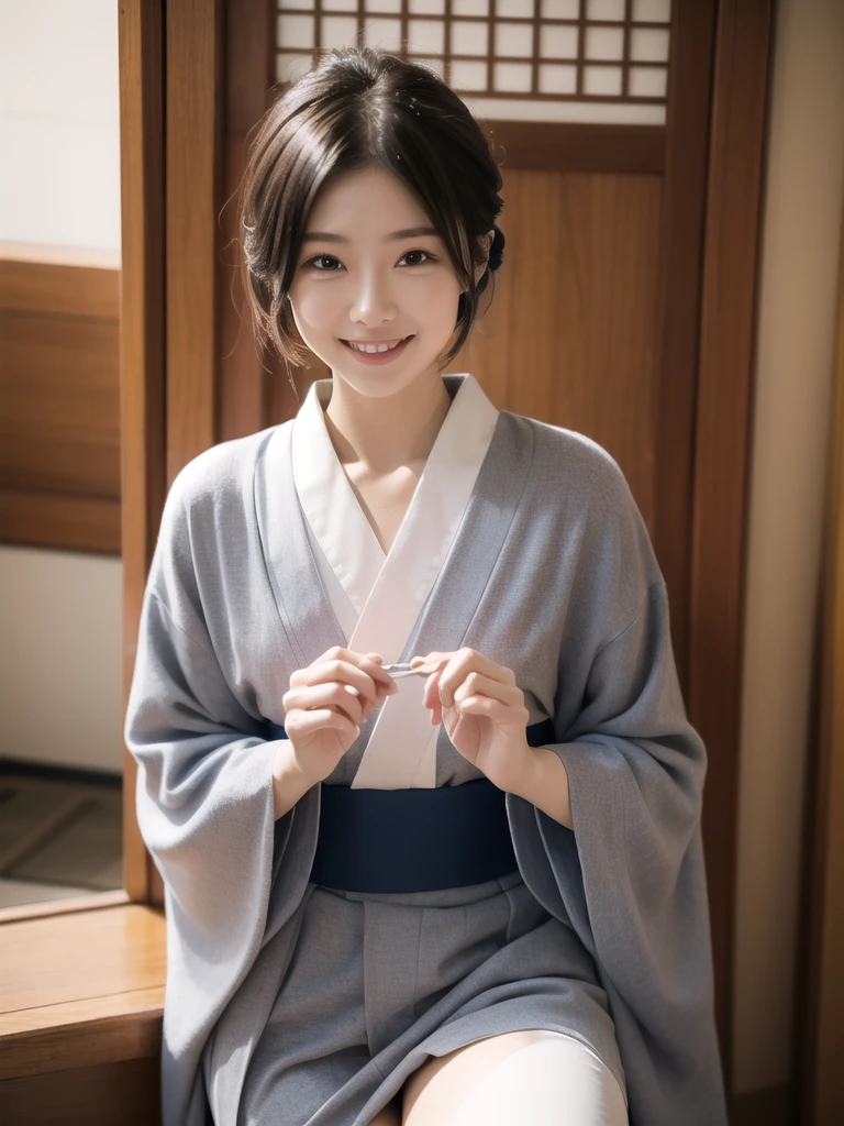 girls in old-Japan room,very long sheer sleeved white open hakama-top,red flower brooch on hair,obi thong,18-year-old,bangs,a little smiles,knees,low ponytail,from below