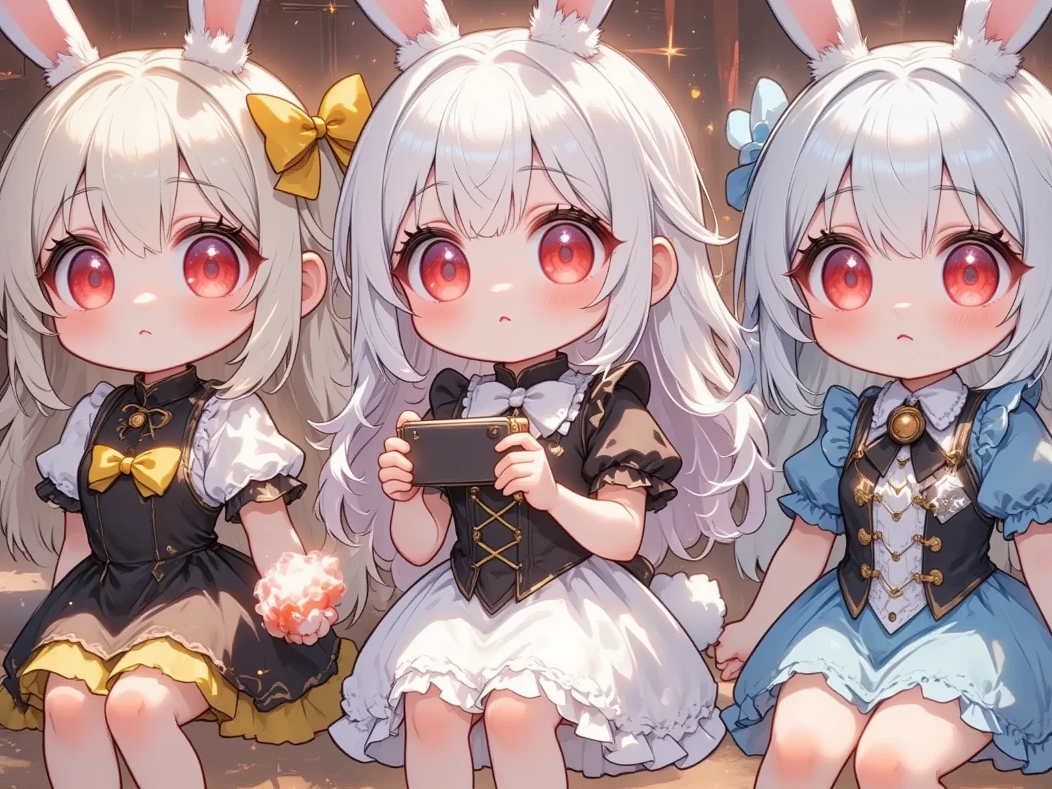 3 girls,(Chibi, cute, small, pink hair, very long hair ,bangs - SeaArt AI