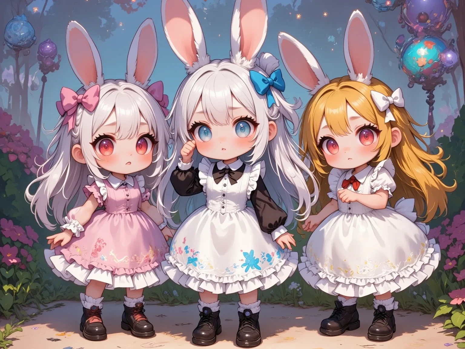  3 girls,(Chibi, cute, small, pink hair, very long hair ,bangs, Fluffy White Rabbit,Bunny ears, red eyes, big eyes, Beautiful Sparkling Eyes , white skin, big hair bow , pink ruffle dress ,Chest, full body image ),(Chibi, cute, small, blue hair, very long hair ,bangs, Fluffy White Rabbit,Bunny ears, red eyes, big eyes, Beautiful Sparkling Eyes , white skin, big hair bow , Blue Frilled Dress ,Chest, full body image ),(Chibi, cute, small, yellow hair , very long hair ,bangs, Fluffy White Rabbit,Bunny ears, red eyes, big eyes, Beautiful Sparkling Eyes , white skin, big hair bow ,yellow ruffle dress ,Chest, full body image ), cute background,(Scenery of 3 people being good friends ,Smiling Face), picture book illustration style ,