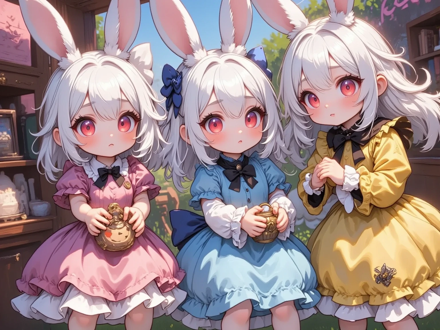  3 girls,(Chibi, cute, small, pink hair, very long hair ,bangs, Fluffy White Rabbit,Bunny ears, red eyes, big eyes, Beautiful Sparkling Eyes , white skin, big hair bow , pink ruffle dress ,Chest, full body image ),(Chibi, cute, small, blue hair, very long hair ,bangs, Fluffy White Rabbit,Bunny ears, red eyes, big eyes, Beautiful Sparkling Eyes , white skin, big hair bow , Blue Frilled Dress ,Chest, full body image ),(Chibi, cute, small, yellow hair , very long hair ,bangs, Fluffy White Rabbit,Bunny ears, red eyes, big eyes, Beautiful Sparkling Eyes , white skin, big hair bow ,yellow ruffle dress ,Chest, full body image ), cute background,(Scenery of 3 people being good friends ,Smiling Face), picture book illustration style ,