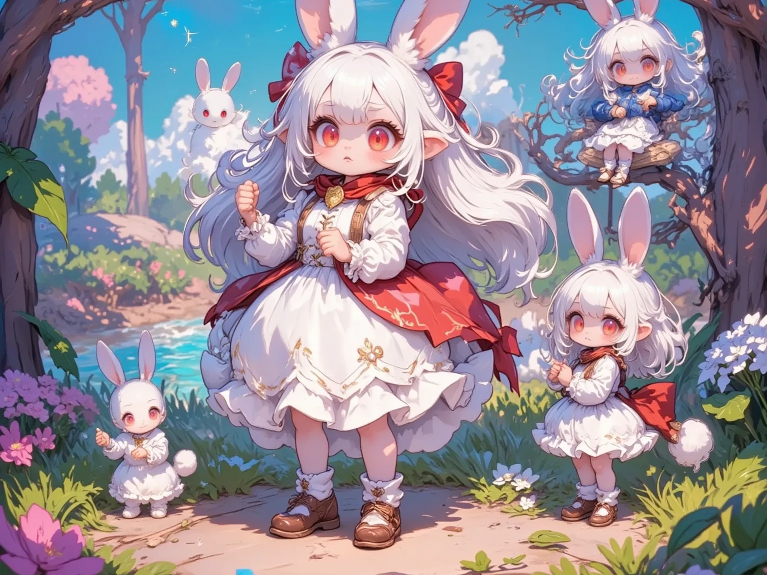 3 girls,(Chibi, cute, small, pink hair, very long hair ,bangs - SeaArt AI