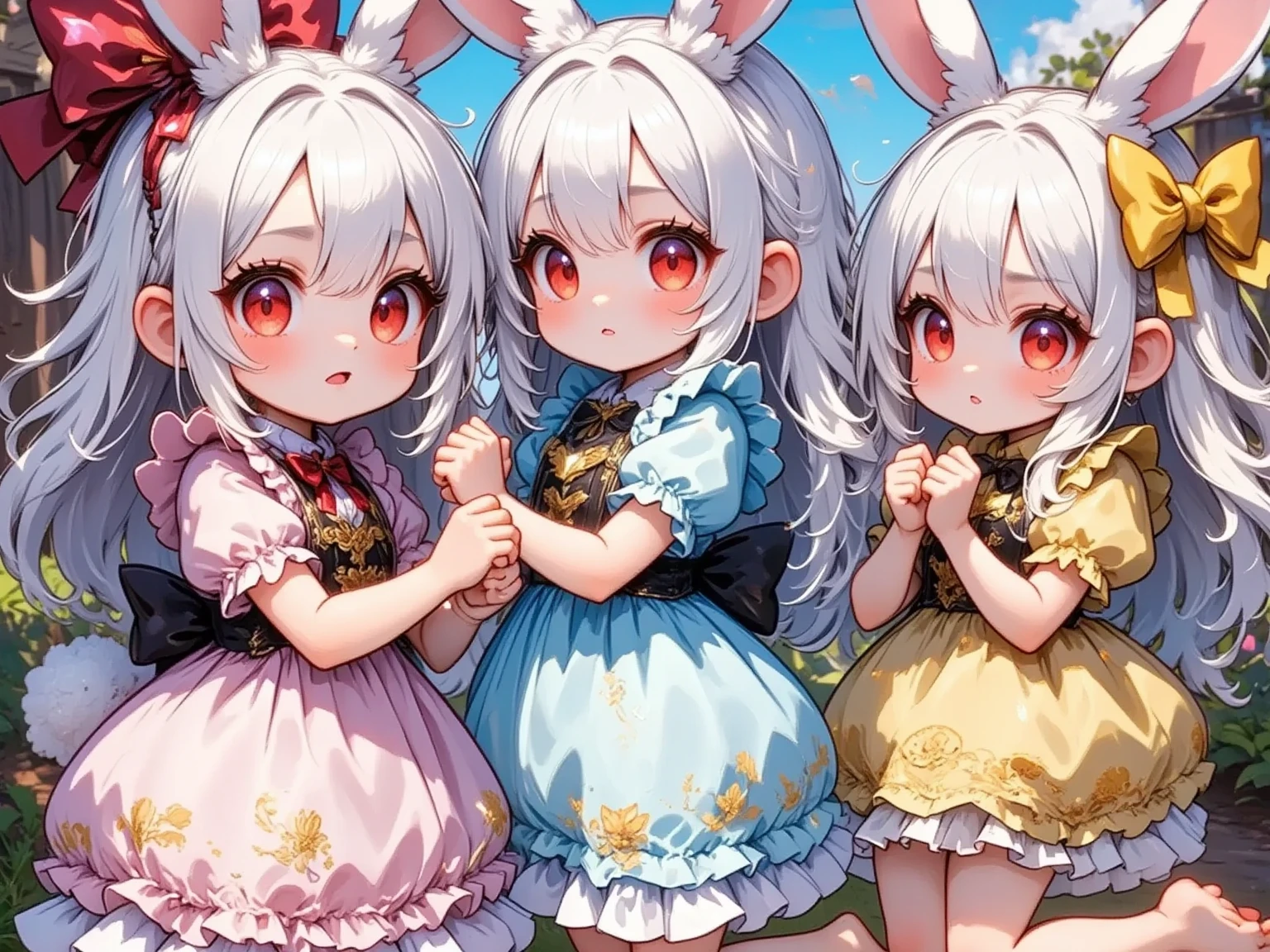  3 girls,(Chibi, cute, small, pink hair, very long hair ,bangs, Fluffy White Rabbit,Bunny ears, red eyes, big eyes, Beautiful Sparkling Eyes , white skin, big hair bow , pink ruffle dress ,Chest, full body image ),(Chibi, cute, small, blue hair, very long hair ,bangs, Fluffy White Rabbit,Bunny ears, red eyes, big eyes, Beautiful Sparkling Eyes , white skin, big hair bow , Blue Frilled Dress ,Chest, full body image ),(Chibi, cute, small, yellow hair , very long hair ,bangs, Fluffy White Rabbit,Bunny ears, red eyes, big eyes, Beautiful Sparkling Eyes , white skin, big hair bow ,yellow ruffle dress ,Chest, full body image ), cute background,(Scenery of 3 people being good friends ,Smiling Face), picture book illustration style ,