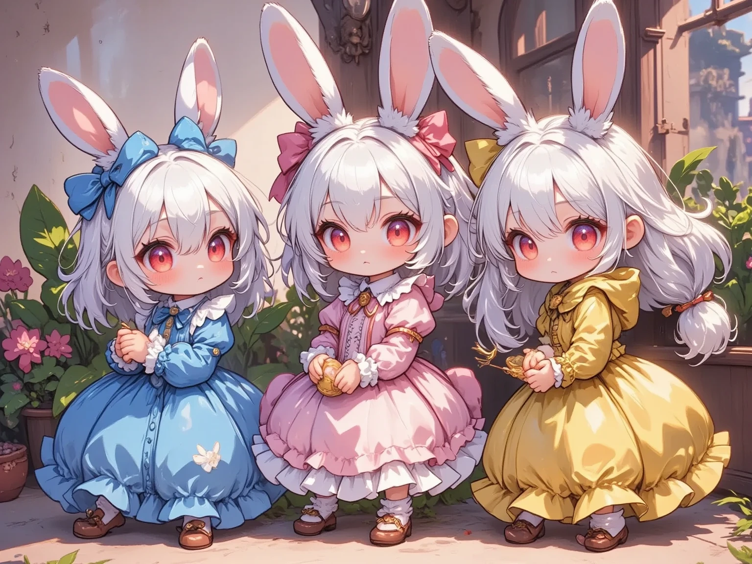  3 girls,(Chibi, cute, small, pink hair, very long hair ,bangs, Fluffy White Rabbit,Bunny ears, red eyes, big eyes, Beautiful Sparkling Eyes , white skin, big hair bow , pink ruffle dress ,Chest, full body image ),(Chibi, cute, small, blue hair, very long hair ,bangs, Fluffy White Rabbit,Bunny ears, red eyes, big eyes, Beautiful Sparkling Eyes , white skin, big hair bow , Blue Frilled Dress ,Chest, full body image ),(Chibi, cute, small, yellow hair , very long hair ,bangs, Fluffy White Rabbit,Bunny ears, red eyes, big eyes, Beautiful Sparkling Eyes , white skin, big hair bow ,yellow ruffle dress ,Chest, full body image ), cute background,(Scenery of 3 people being good friends ,Smiling Face), picture book illustration style ,