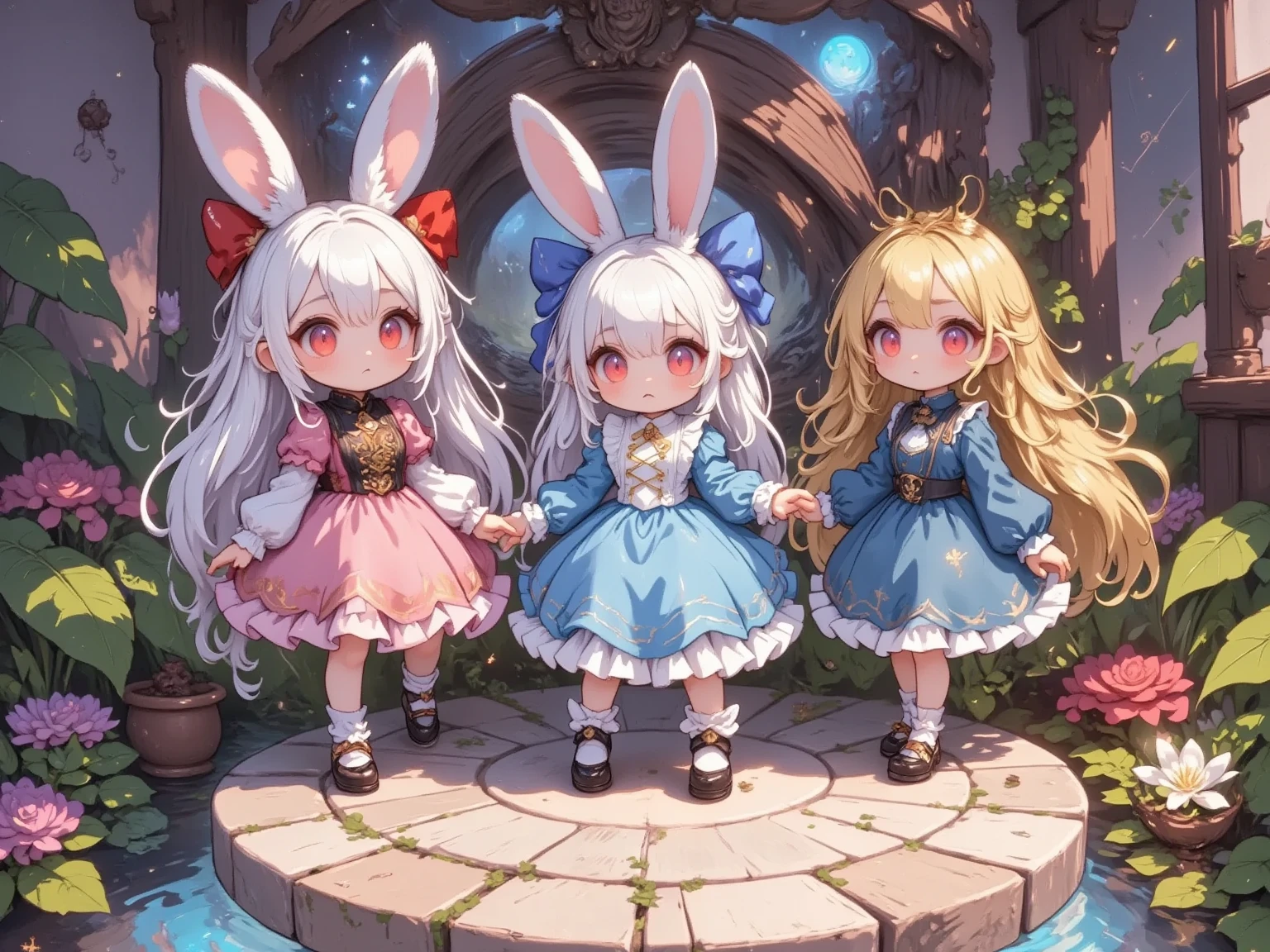  3 girls,(Chibi, cute, small, pink hair, very long hair ,bangs, Fluffy White Rabbit,Bunny ears, red eyes, big eyes, Beautiful Sparkling Eyes , white skin, big hair bow , pink ruffle dress ,Chest, full body image ),(Chibi, cute, small, blue hair, very long hair ,bangs, Fluffy White Rabbit,Bunny ears, red eyes, big eyes, Beautiful Sparkling Eyes , white skin, big hair bow , Blue Frilled Dress ,Chest, full body image ),(Chibi, cute, small, yellow hair , very long hair ,bangs, Fluffy White Rabbit,Bunny ears, red eyes, big eyes, Beautiful Sparkling Eyes , white skin, big hair bow ,yellow ruffle dress ,Chest, full body image ), cute background,(Scenery of 3 people being good friends ,Smiling Face), picture book illustration style ,