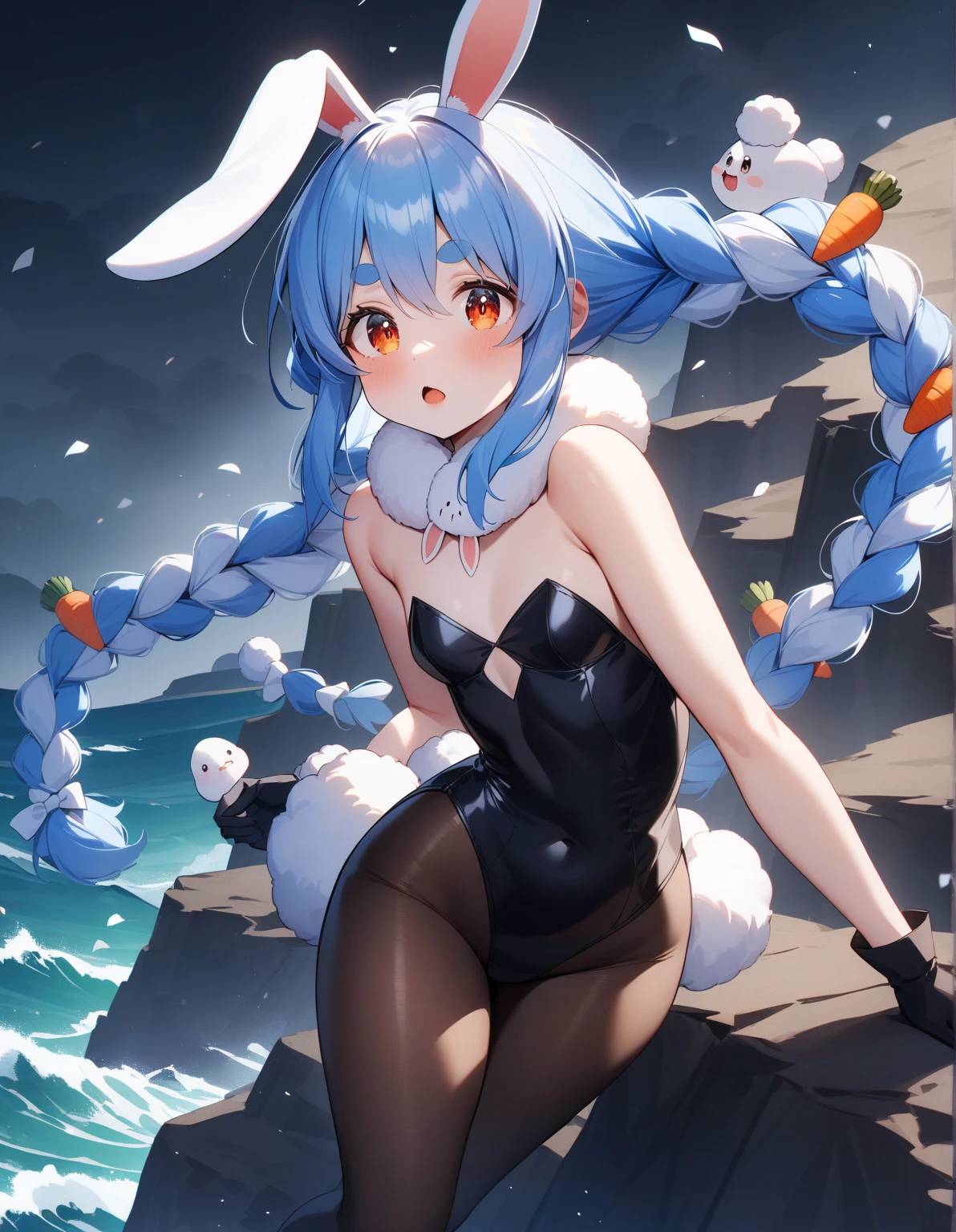 mesa, Best Quality, 8K Wallpaper:1.2), ultra detailed, absurd, High resolution, 1 girl in, looking at the viewer, happy, white , (Laugh:1.1), Double long tail, blue green fur, silky skin, pretty eyes, focus on the eyes, beautiful smile line, big blue eyes, shiny hair,( Black micro bikini :1.1),(rabbit costume :1.1), Clear water, , playa, old:2.2, Nipples:2.2,