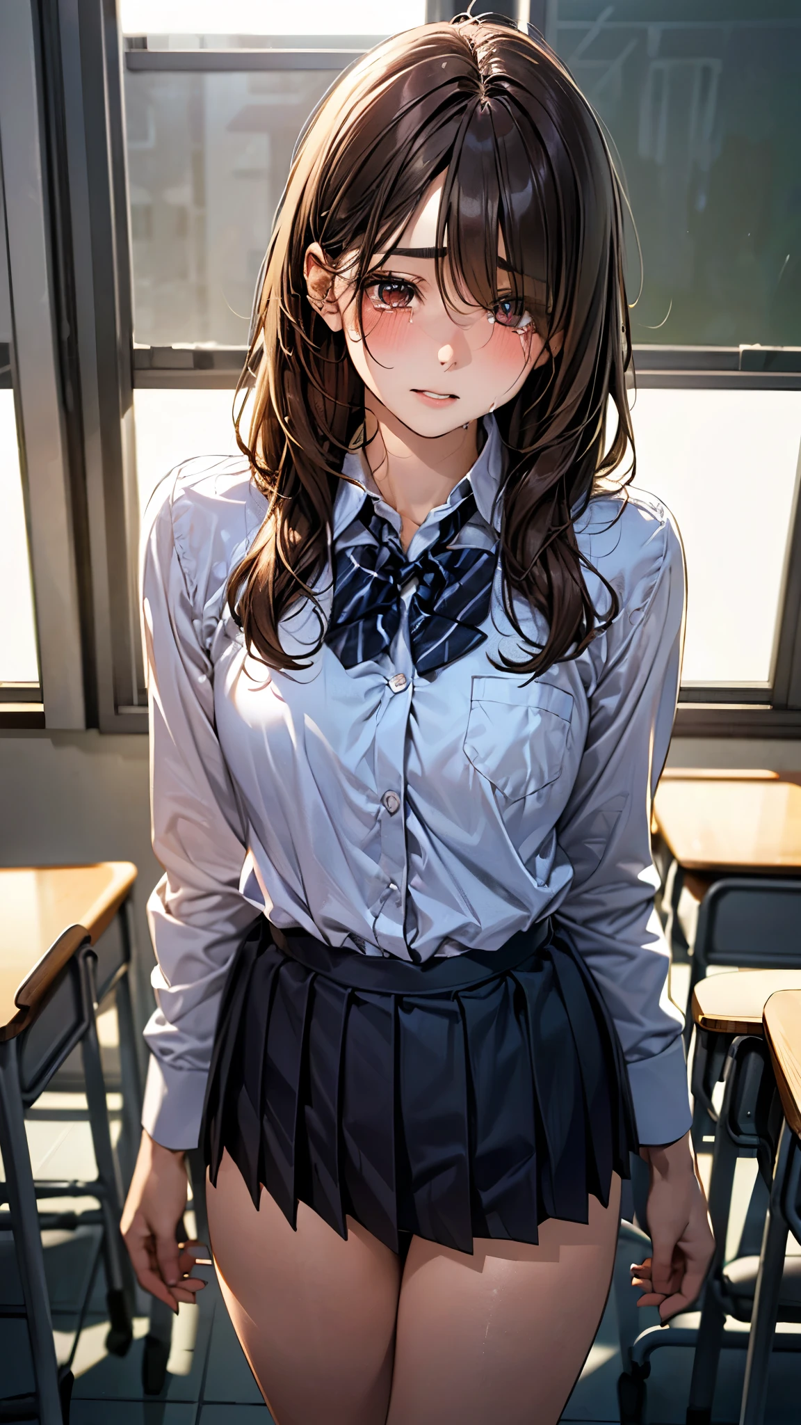 (Masterpiece: 1.1), (Best Quality, Ultra Resolution: 1.0), (8K Resolution: 1.2), (Photorealistic, Ultra Detail, Clear Focus 1:0), (Original Photo, Lighting: 1:1), BREAK detailed reflecting eyes by professional digital painting, beautiful pretty cute small face, BREAK 1girl, solo, 17 age, school uniform, (red bolero jacket, red skirt:1.1), BREAK White blouses, long sleeves, (blue bowtie, blue sash:1.3), classroom