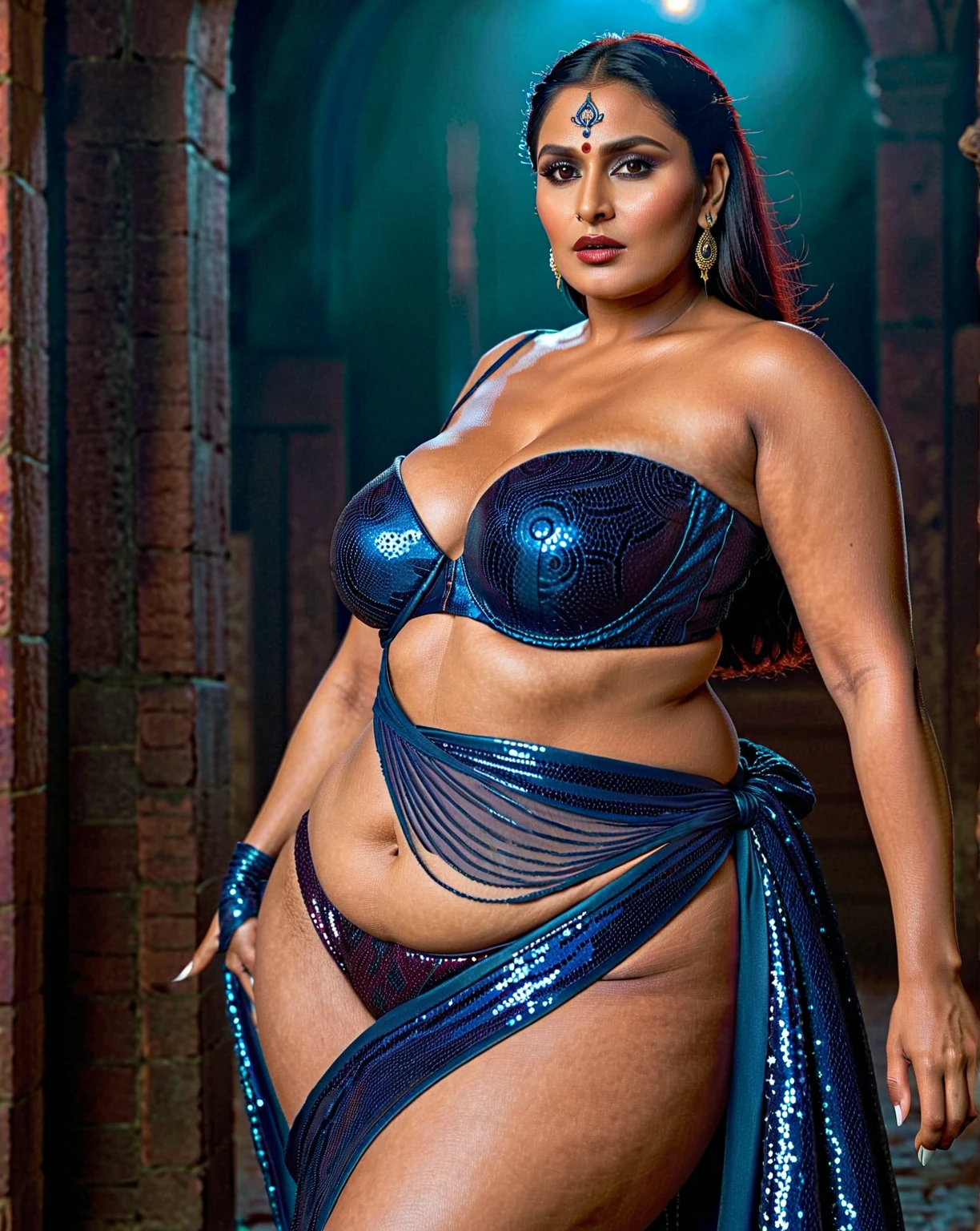 Looks like Mahie Gill, full body Closeup shot, Big chubby aunty, milf, cougar lady witch, fierce eyes, evil seductress, wide body, horny Gothic milf, 90 years old gorgeous mature lady, evil mommy, satan mommy, naughty evil momma , pervert demoness, demoness of lust, curvy, black lips, horny face, extremely gorgeous, thick figure, heavy physique, voluptuous, curvy, sexy figure, Fashionable portrait of androgynous alien looking witch wearing veil, glowing eyes, futuristic design, minimal details, givenchy, photoreal, 200mm, hd, f/ 2.0, highly detailed, surreal, sexy beautiful evil woman, sexy bold sequin Saree with strapless Bra, chudail, Pishachini, horror genre, blood-thirsty enchantress, powerful female spirit, eerie, drop dead, in the style of red and blue, (intricate details, hyperdetailed:1.15) (skin texture:1.2), dark Moody tone, cinematic lighting, haunted place in background, evil seductress, veins in the body, lifelike texture, sensual, (wet, oil-lubricated),(sweaty),