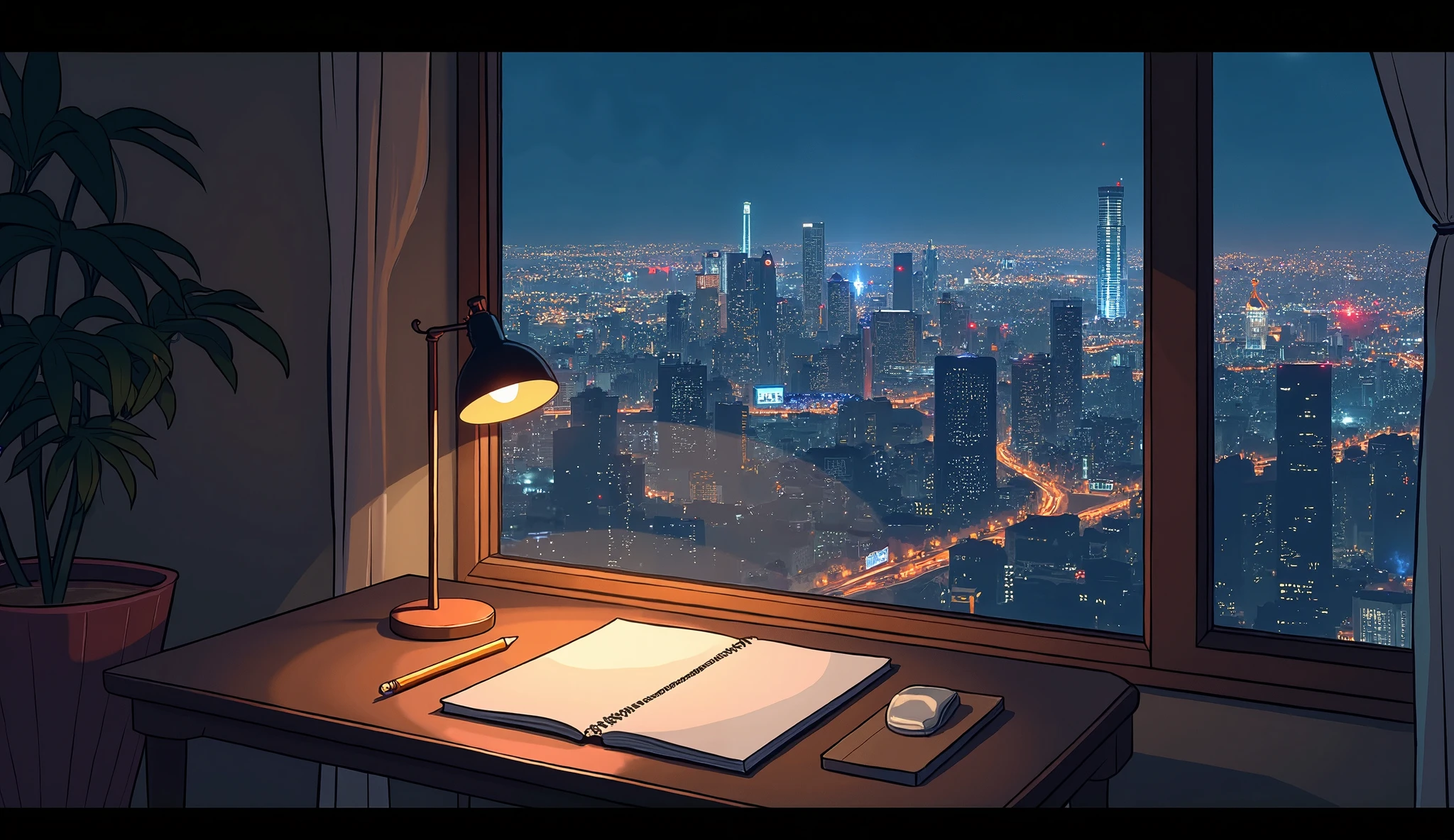 "Anime girl sitting in front of computer in cozy bedroom (landscape), listening to music with headphones in cozy room at night. Beautiful night view from rooftop window surrounded by a lot of things, 2D anime style, 90s anime aesthetic, lo-fi, highly detailed, with hard disk, mix of anime style and Fujifilm, hyperrealism, 8K, masterpiece."