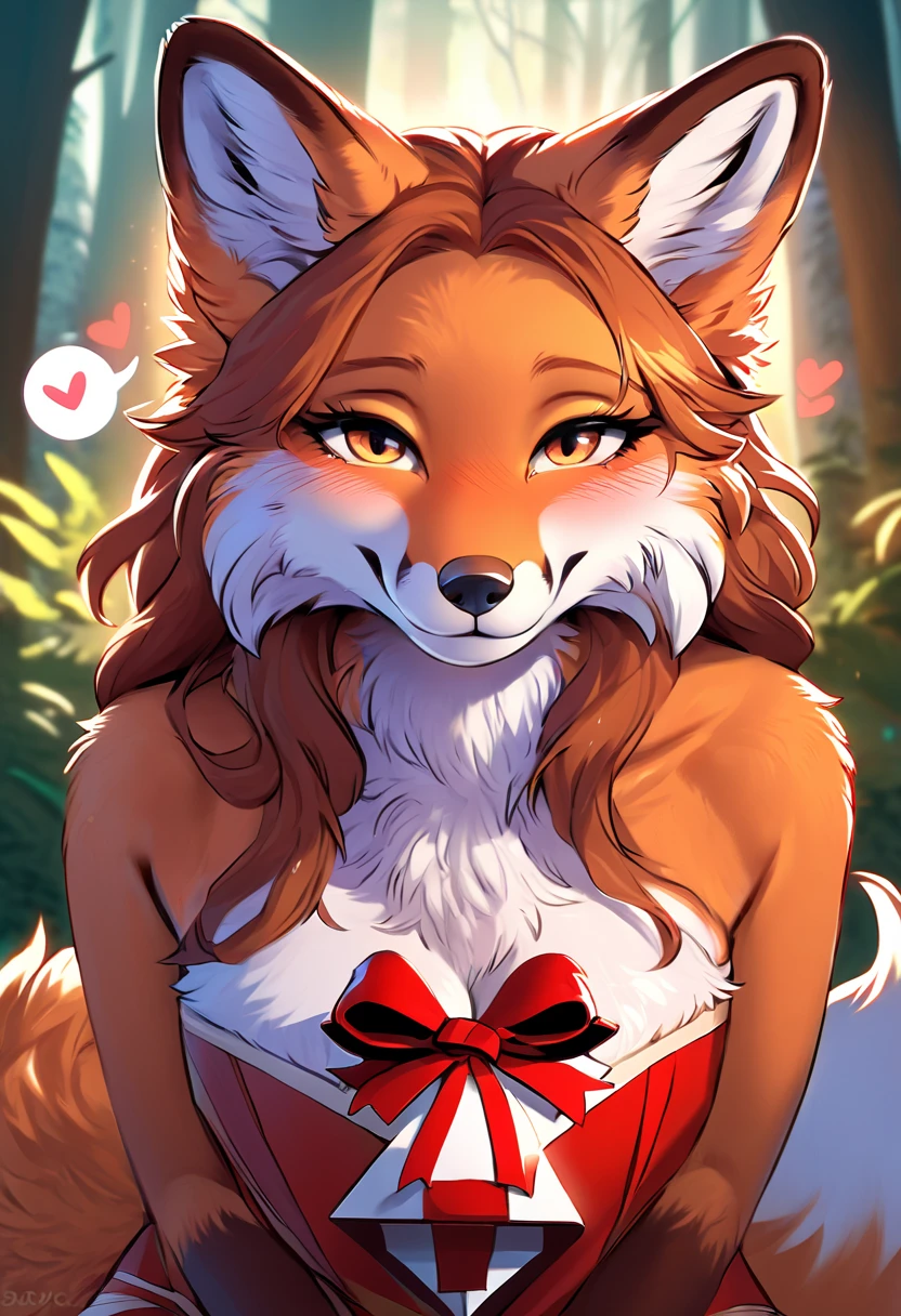 (masterpiece), (best quality), magic, beautiful and detailed, woman (((female))) ((anthro)) Fox, (Fox girl), cinematic lighting, Fox, (anthro, fluffy fur), anthro fox girl, body fur, curvy, sexy, nice, cute, hot, comfortable anime-style cartoon-style, digital drawing, voluptuous, beautiful, blushing, sassy, sassy hips, cute friendly smile, heart, hearts, speech bubble, forest, wet fur, gift wrapped, a fox wrapped in red gift wrap, looking at viewer with adoration, close up, hugging viewer, petting, nuzzling viewer, on knees